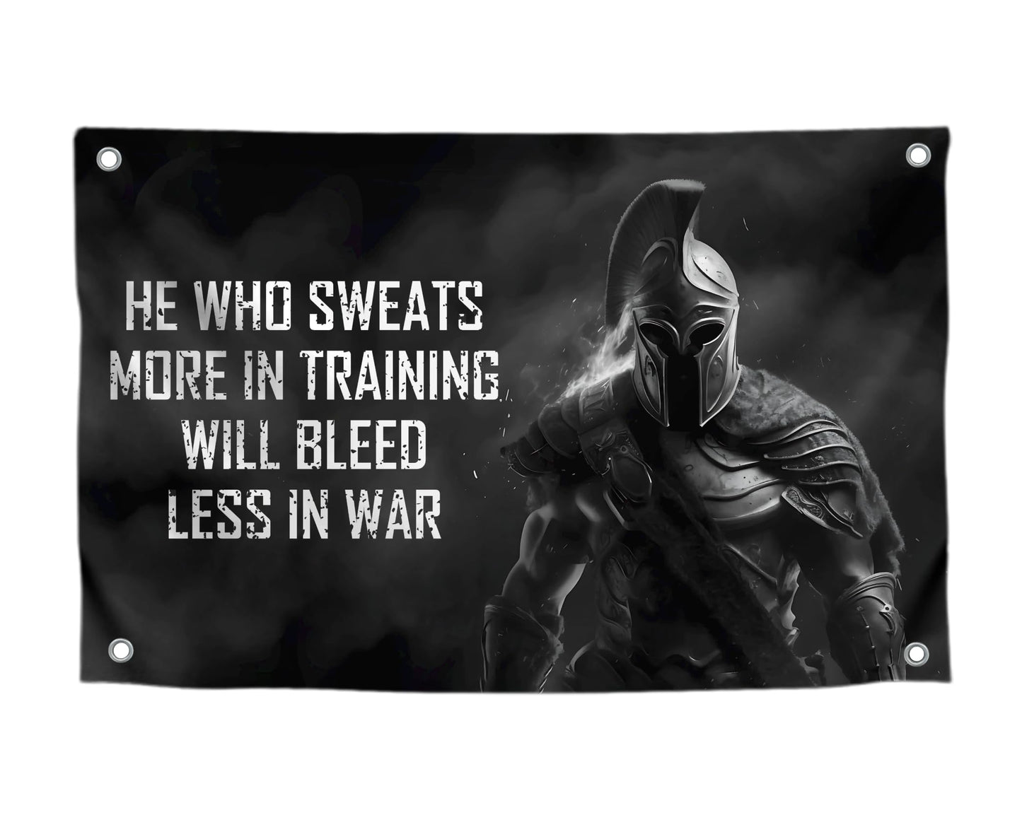 3x5 Ft Motivational Polyester Flag He Who Sweats More In Training Will Bleed Less In War with 4 Grommets - Improvement Wall Decor for Home or Gym - Wall Single Sided Flag with Spartan Image and Quote