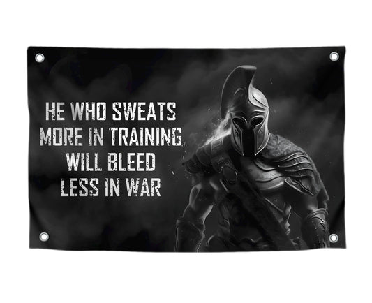 3x5 Ft Motivational Polyester Flag He Who Sweats More In Training Will Bleed Less In War with 4 Grommets - Improvement Wall Decor for Home or Gym - Wall Single Sided Flag with Spartan Image and Quote