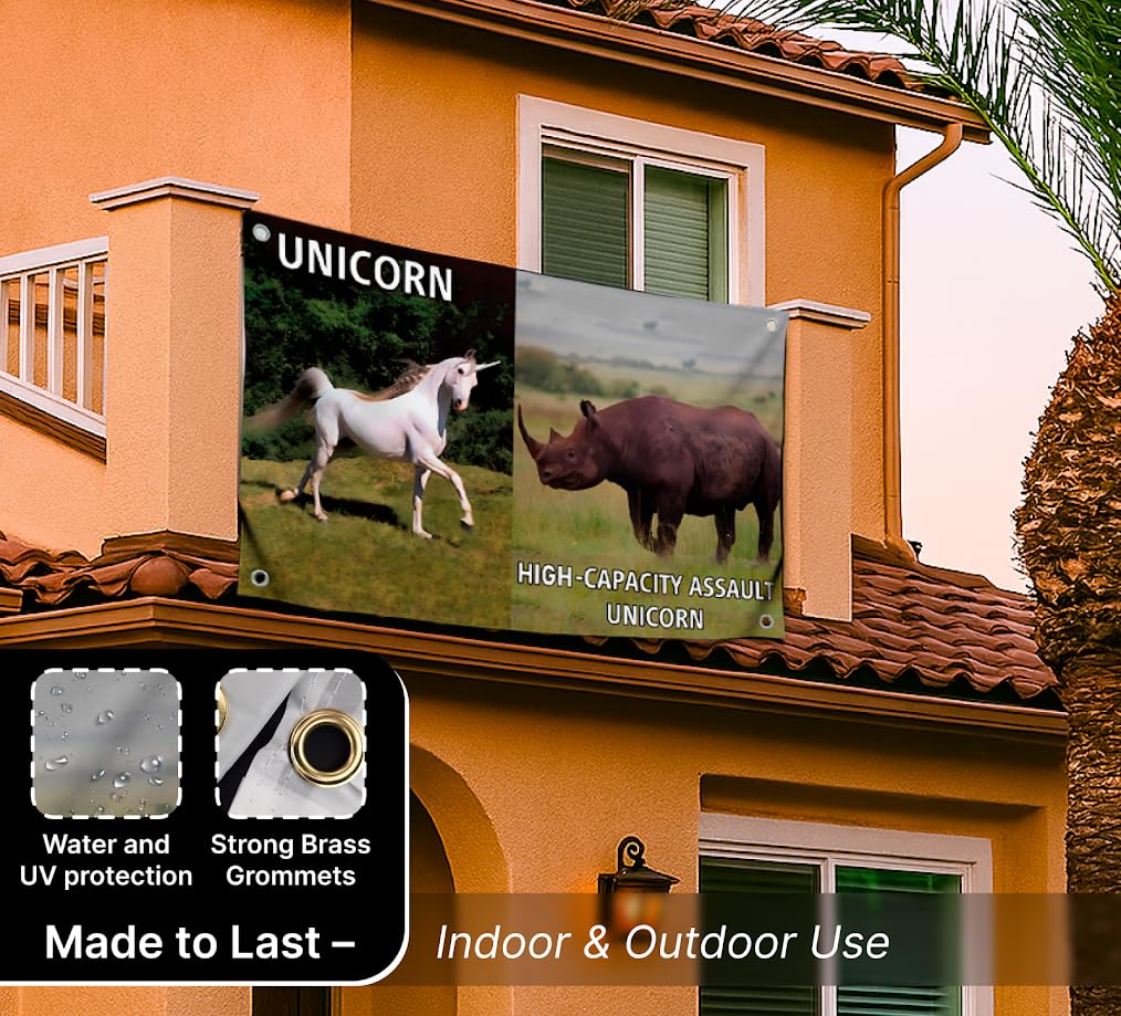 3x5 Feet Animals Flag with Quote "High-Capacity Assault Unicorn" with Four Brass Grommets - Cool Meme Decor Flags for Wall Bedroom - Single Sided Polyester Party Banners for Room Dorm College