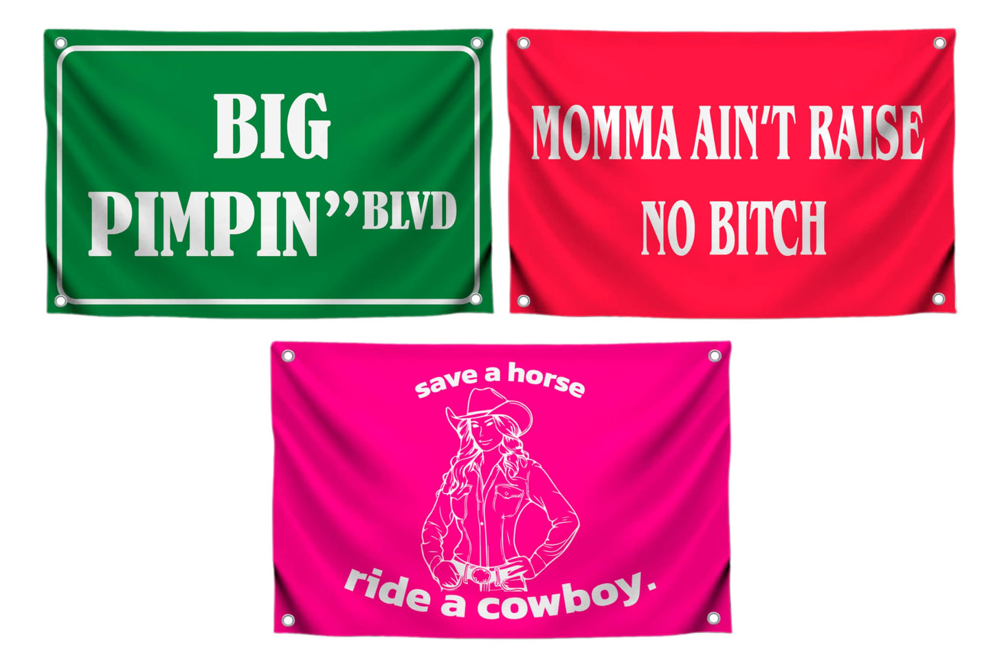 Set of 3 Funny Polyester 3x5 Feet Flags with Four Brass Grommets - Funny Quote Single Sided Flag for Wall Decoration - Preppy Cute Cowgirl Pink Western Tapestry - College Dorm Cool Wall Flags for Guys