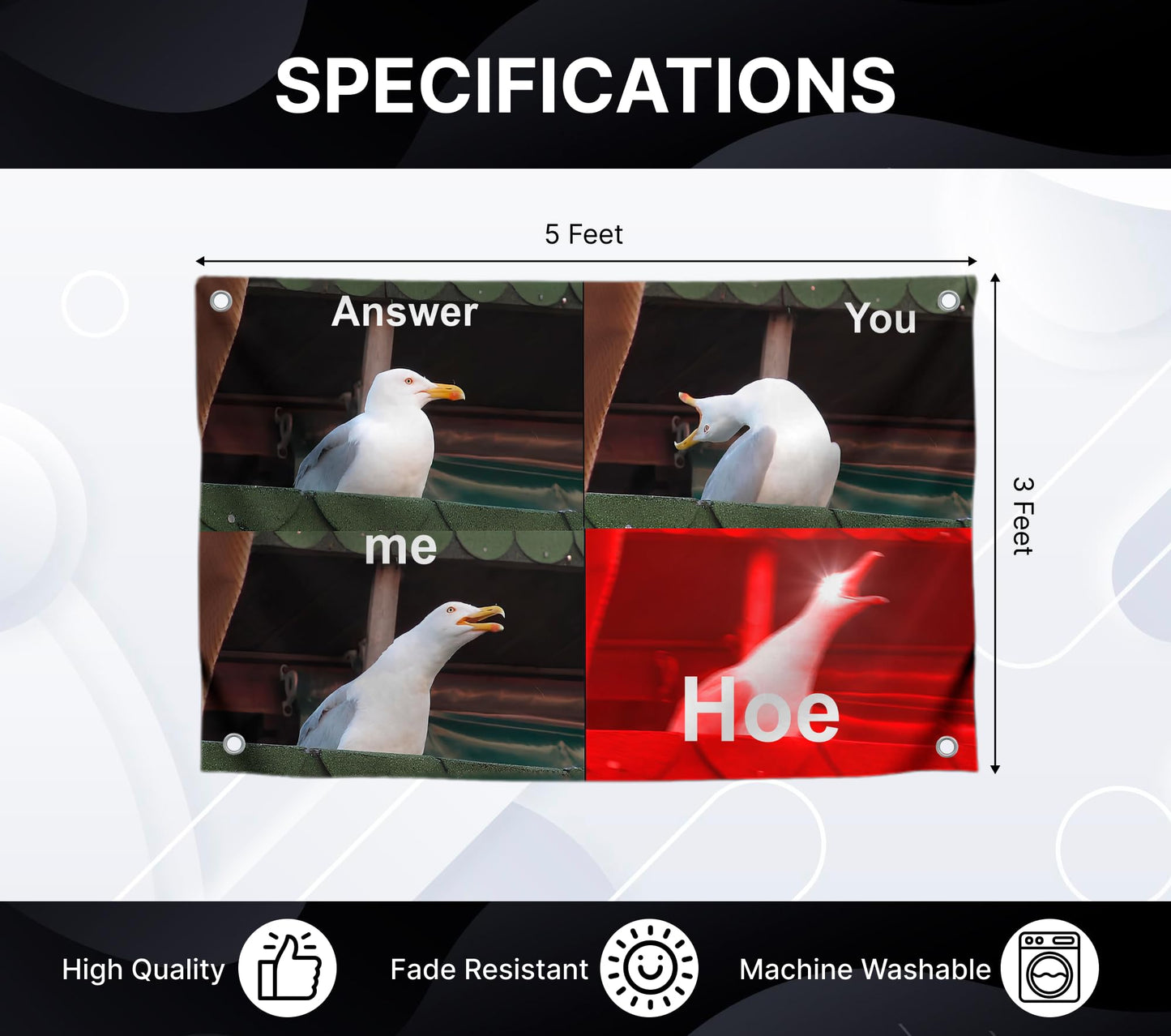 3x5 Ft Answer Me You Hoe Tapestry Single Sided Flag with 4 Grommets - Seagull with a Malevolent Laugh Meme Polyester Banner - Tapestry Birds with Smile Meme Wall Decor - Seagull Tapestry For Classroom