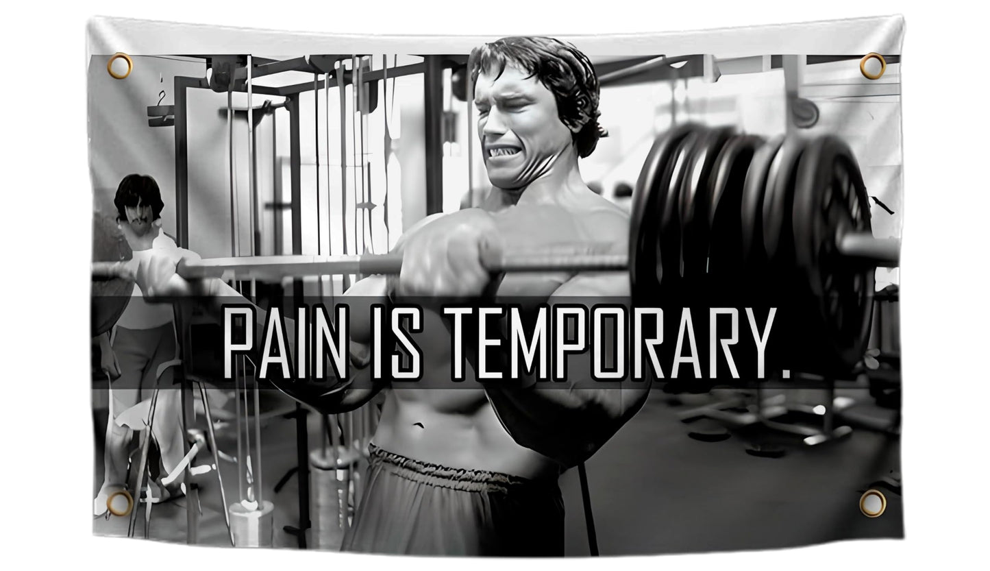 3x5 Ft Schwarzenegger Polyester Flag with 4 Grommets - Pain is Temporary Motivational Gym Single Sided Flags - Inspire Your Workout Banner - Fitness Wall Decor for Gym - Stay Motivated Cool Art