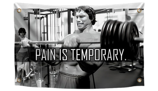 3x5 Ft Schwarzenegger Polyester Flag with 4 Grommets - Pain is Temporary Motivational Gym Single Sided Flags - Inspire Your Workout Banner - Fitness Wall Decor for Gym - Stay Motivated Cool Art