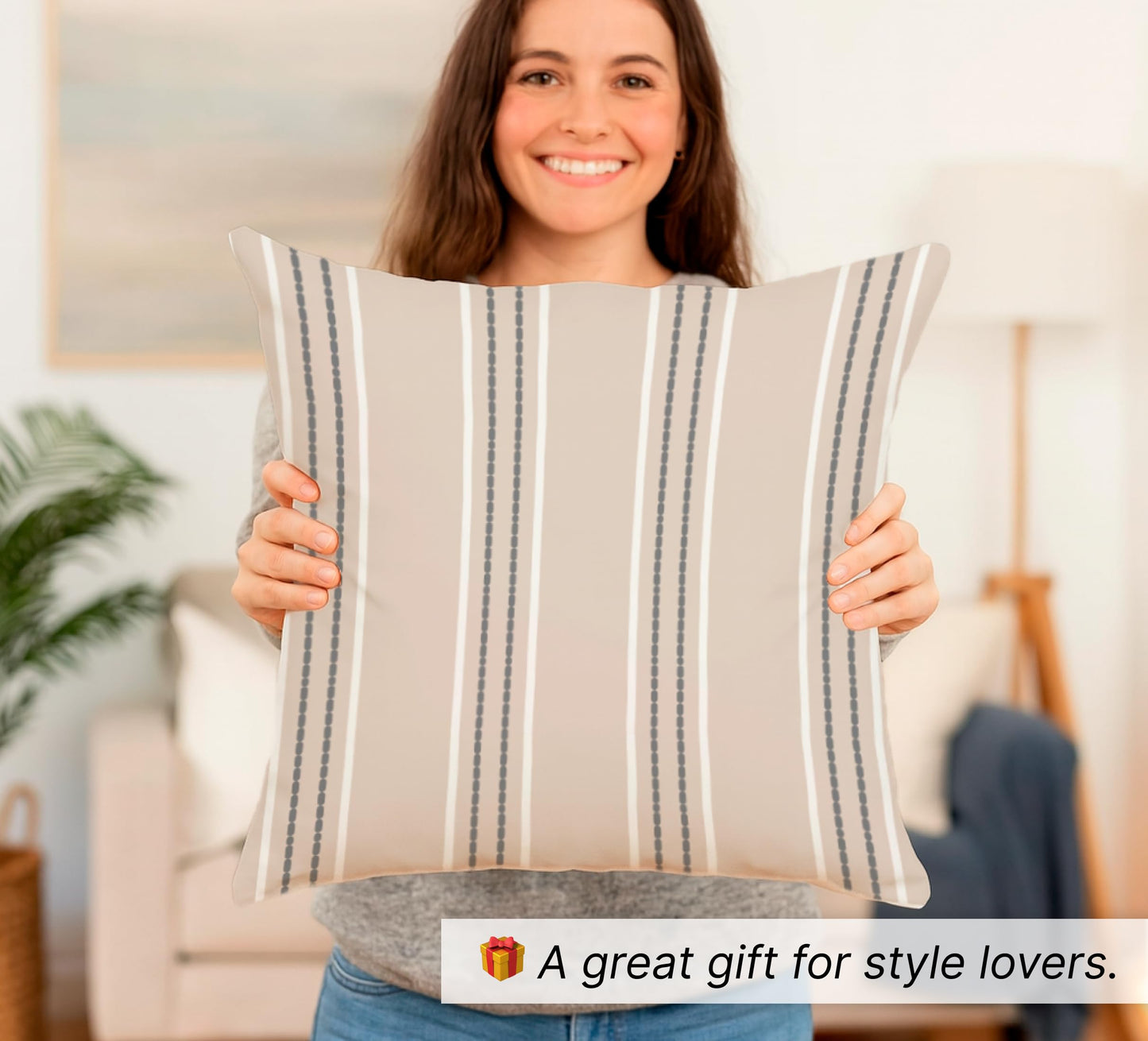 Set of 2 Decorative Throw Pillow Covers 18x18 Inches - Decorative Farmhouse in Linen Pillow Case - Boho Textured Pillow Case - Beige with White and Gray Stitch Yarn Dyed Stripe Cushion Cover for Couch
