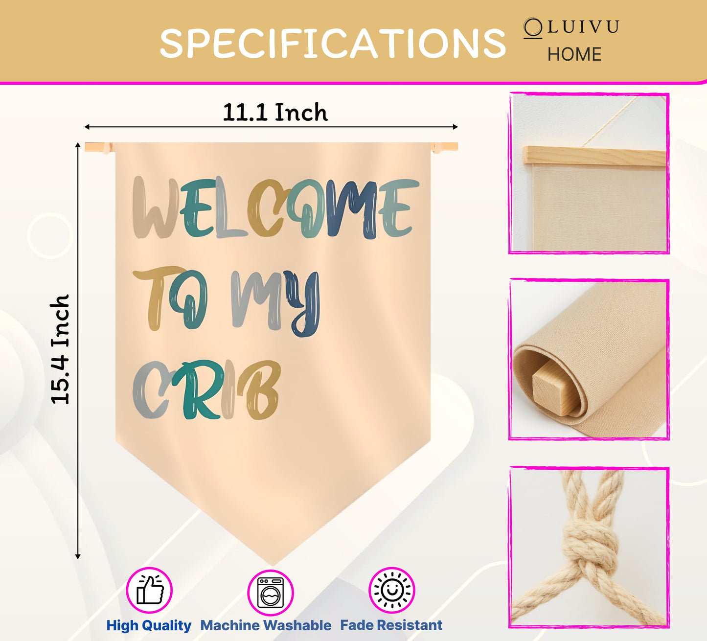 15.4"L x 11.1"W Hanging Pennant with Welcome to My Crib - Hanging Flag Wall Decor or Gift for Nursery Baby Kids Boy - Pennant Flag Wall Art Banner for Indoor - Classroom Bulletin Boare Hanging Flag
