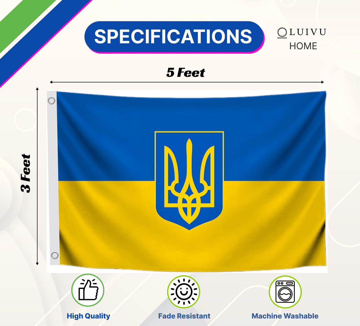 3x5 Feet Ukrainian Coat of Arms Single Sided Flag with Two Brass Grommets - Polyester Country Flag for Indoor or Outdoor - Ukraine Flags for House Yard Garden - Banners Man Cave Wall Decoration