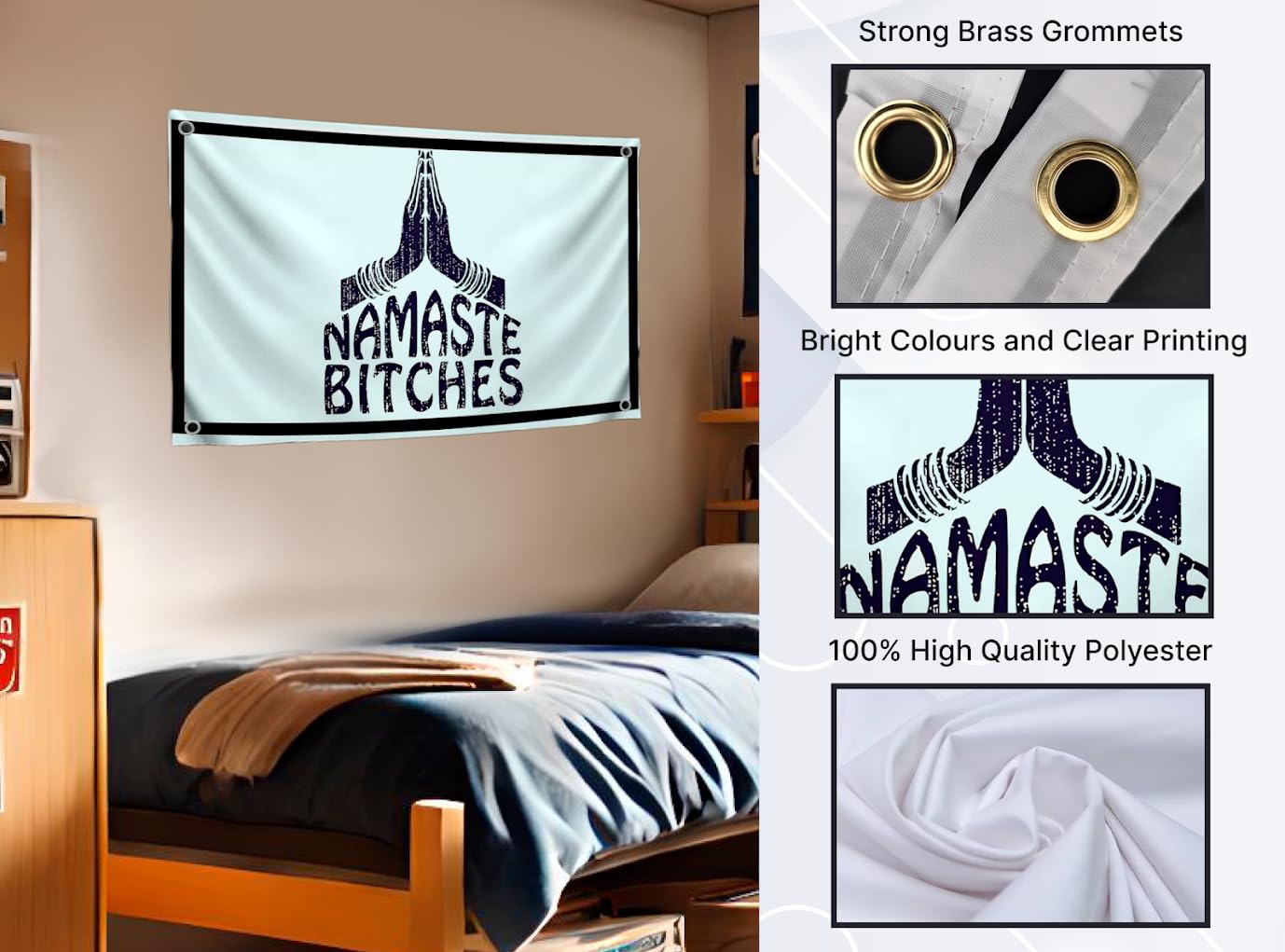 3x5 Feet Humorous Quote Flag "Namaste Bitches" with Four Brass Grommets - Handwritten Decorative Drawn Symbols Yard Outdoor - Decadence Banner for Patio Lawn or Home Decoration