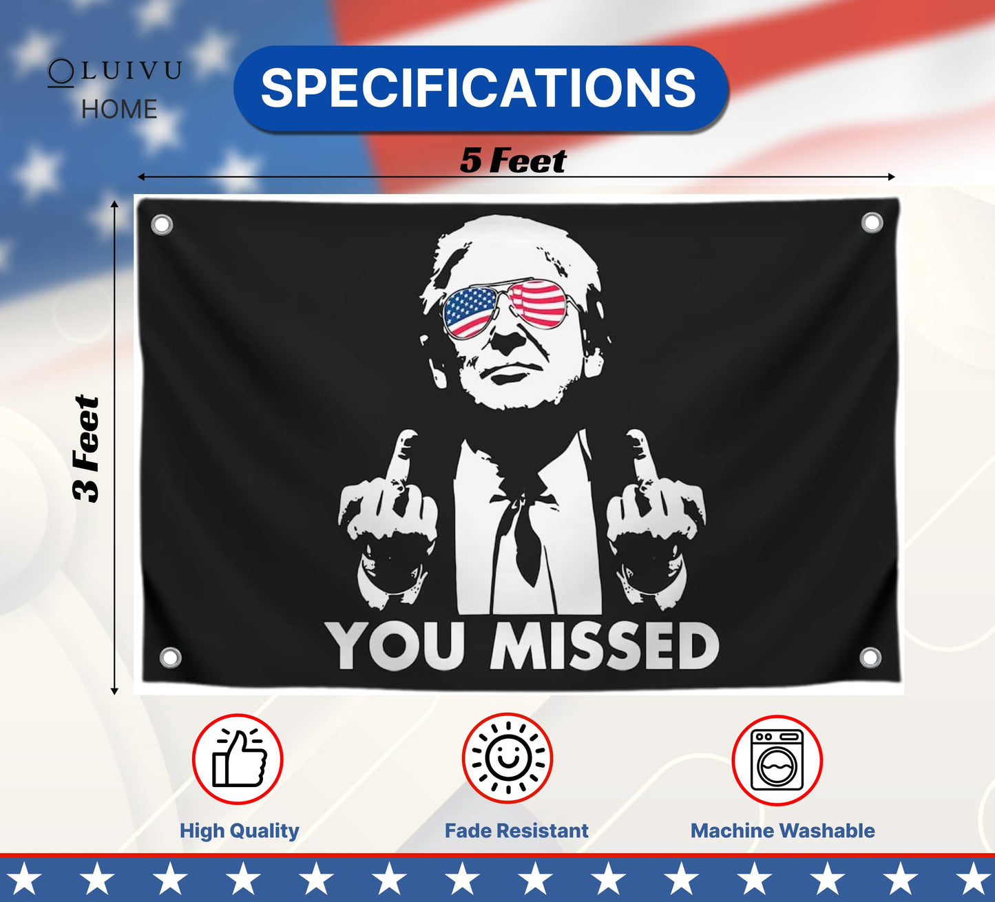 3x5 Feet American Polyester Flag "You Missed" with Four Brass Grommets - Republican Political Rebel Flags Outdoor or Man Cave Banner - Tapestry Donald Wall Decoration for Room - US Americans Banner