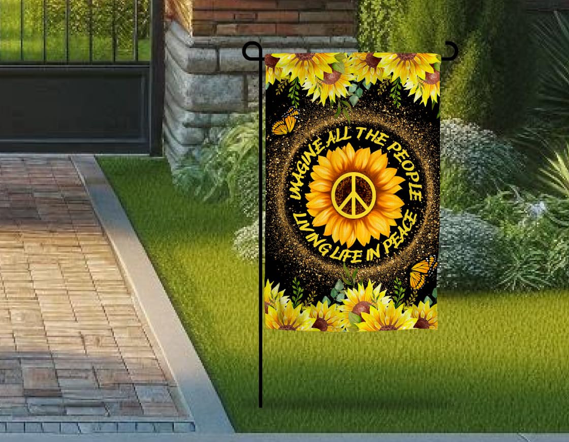 12x18 Inches Imagine All The People Living Life in Peace Flag - Double Sided Hippie Sunflower Vertical Banner - Home Decoration Outdoor Garden Patio Yard Lawn Flag - Peace Flags For Outdoor/Indoor