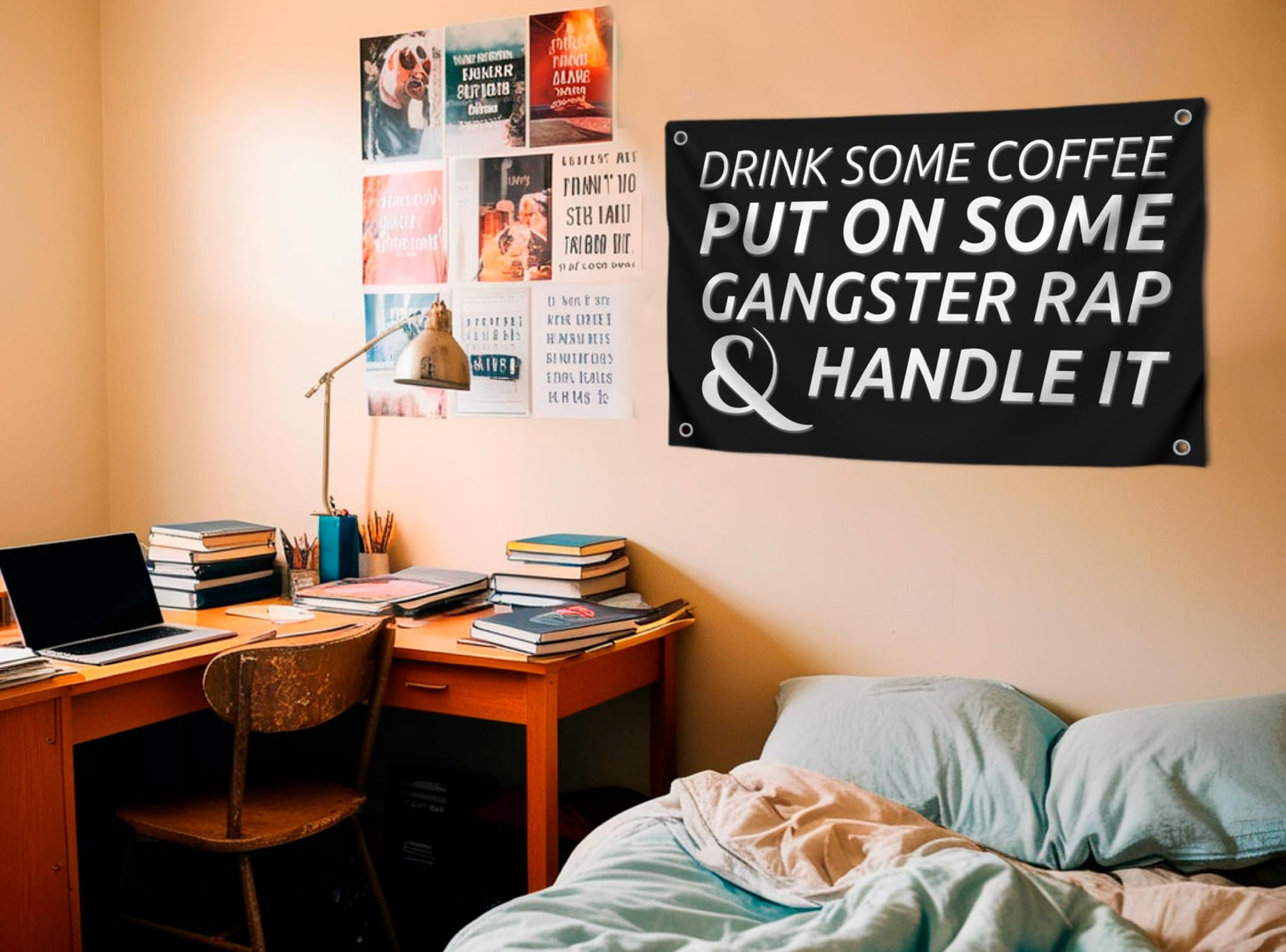 3x5 Feet Kitchen Wall Polyester Flag "Drink Some Coffee Put on Some Gangster Rap and Handle It" with Four Brass Grommets - Motivational Quotes Banner for Dorm Room Decor - Funny Home Decoration Glag