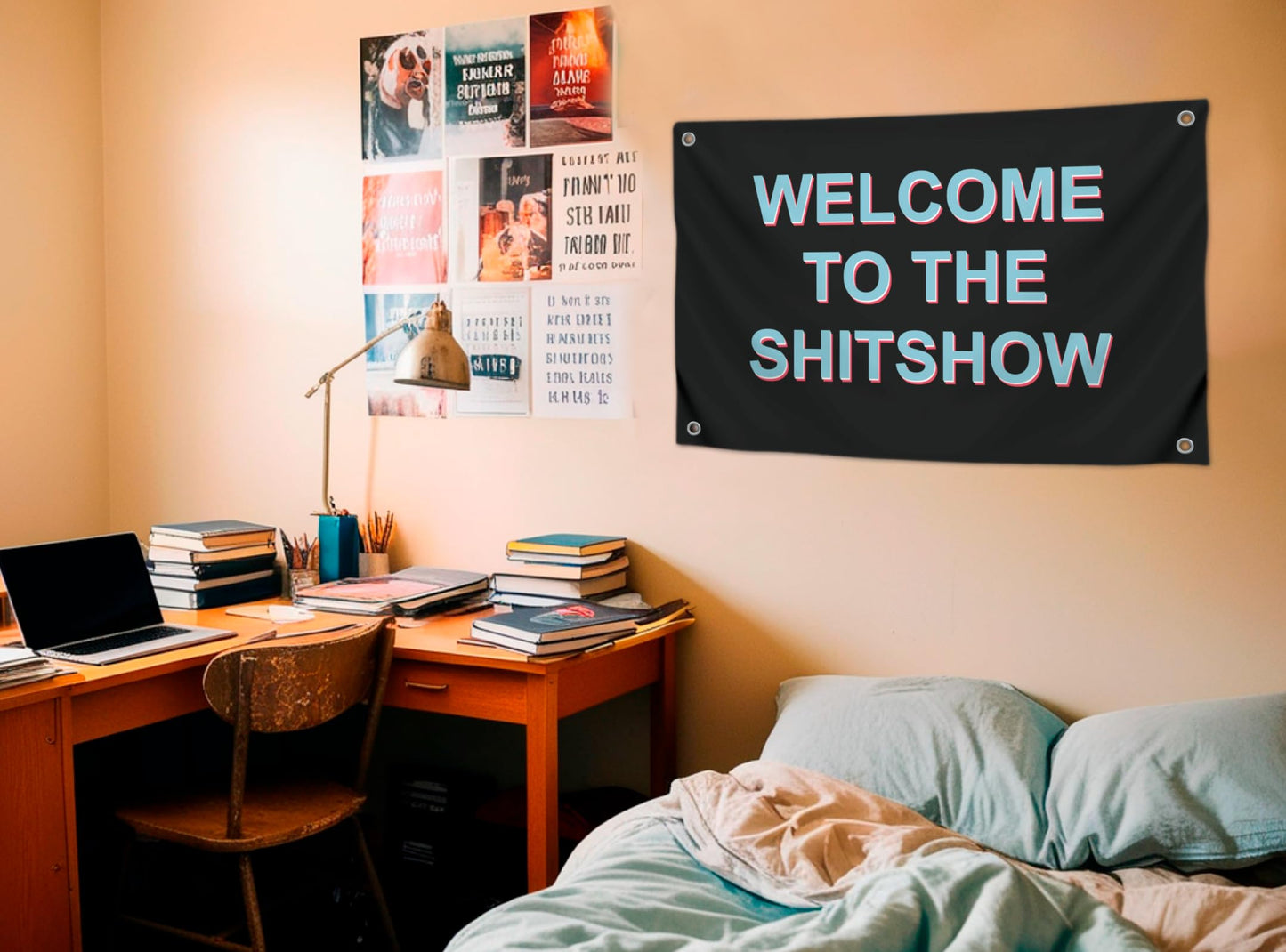 Man Cave Tapestries Funny Gamer Polyester Banner - Welcome To The Shitshow - Party Flags Single Sided College Dorm Rooms Decor - 3x5 Ft Flag with 4