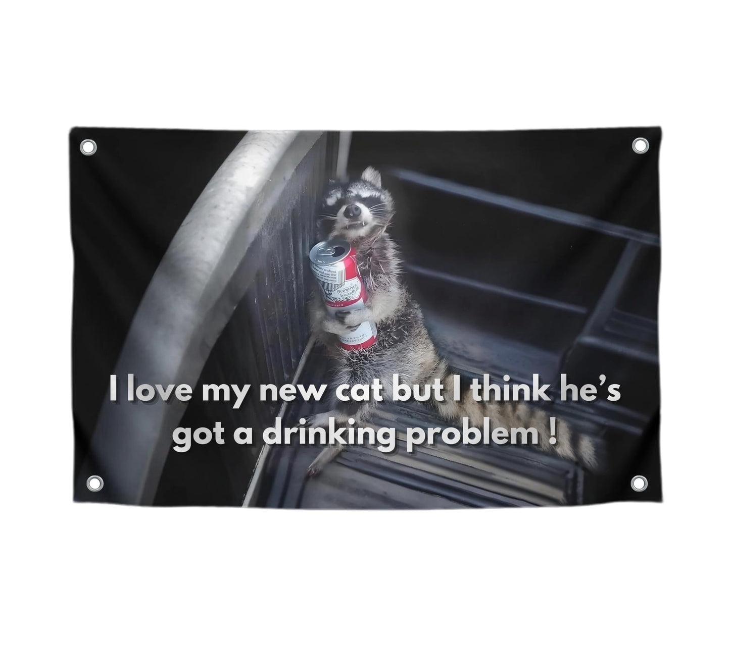 3x5 Ft Funny Raccoon Monday Morning Polyester Flag with Four Brass Grommets - Flags quote I Love My New Cat But I Think He's Got A Drinking Problem - Funny Animal Wall Flag Decor for College Dorm Room