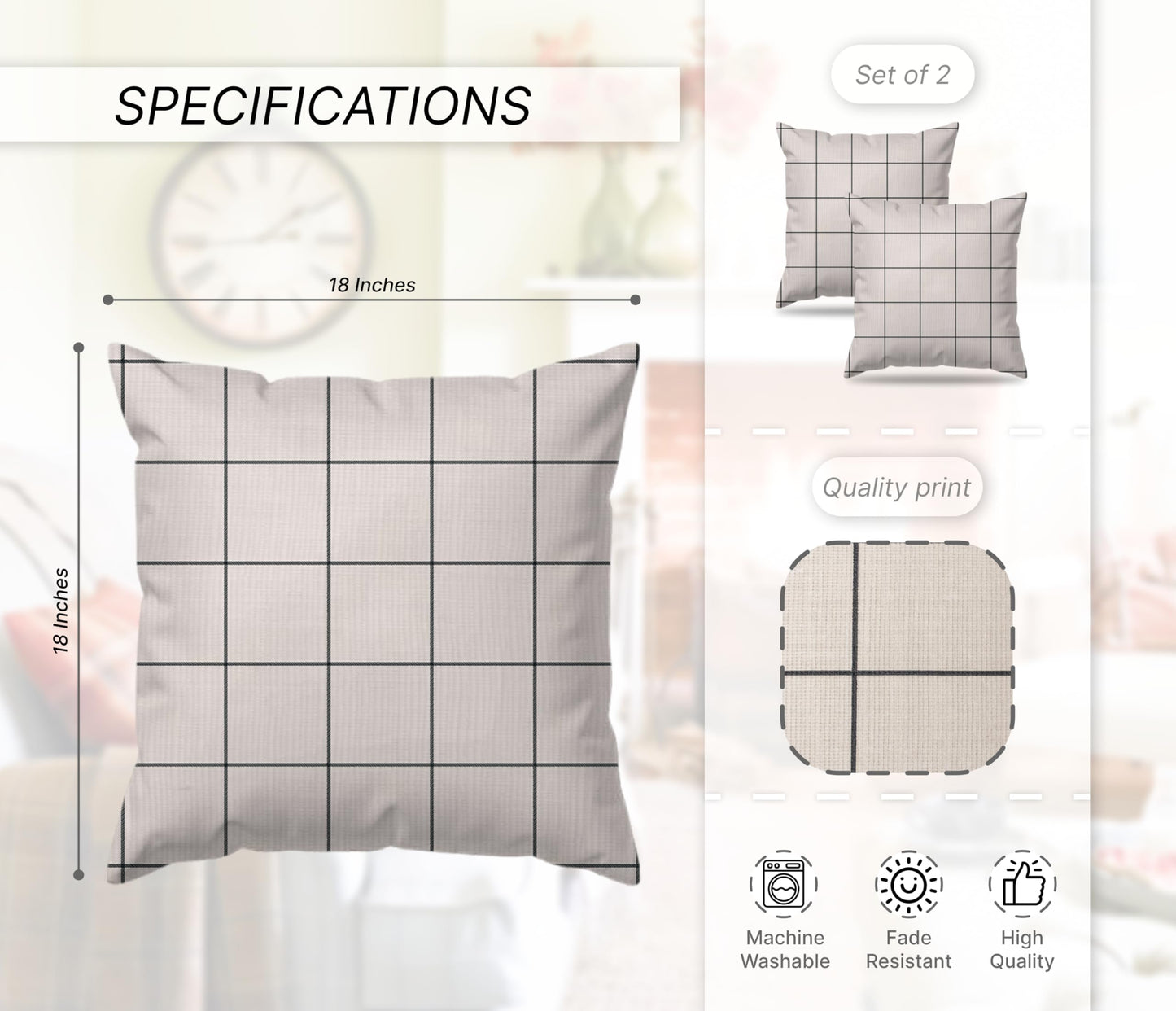Set of 2 Decorative Throw Pillow Covers 18x18 Inches - Decorative Plaid Throw Pillow Covers Farmhouse Square in Linen - Modern Beige Pillow Case for Sofa Couch or Bed - Cushion Covers for House