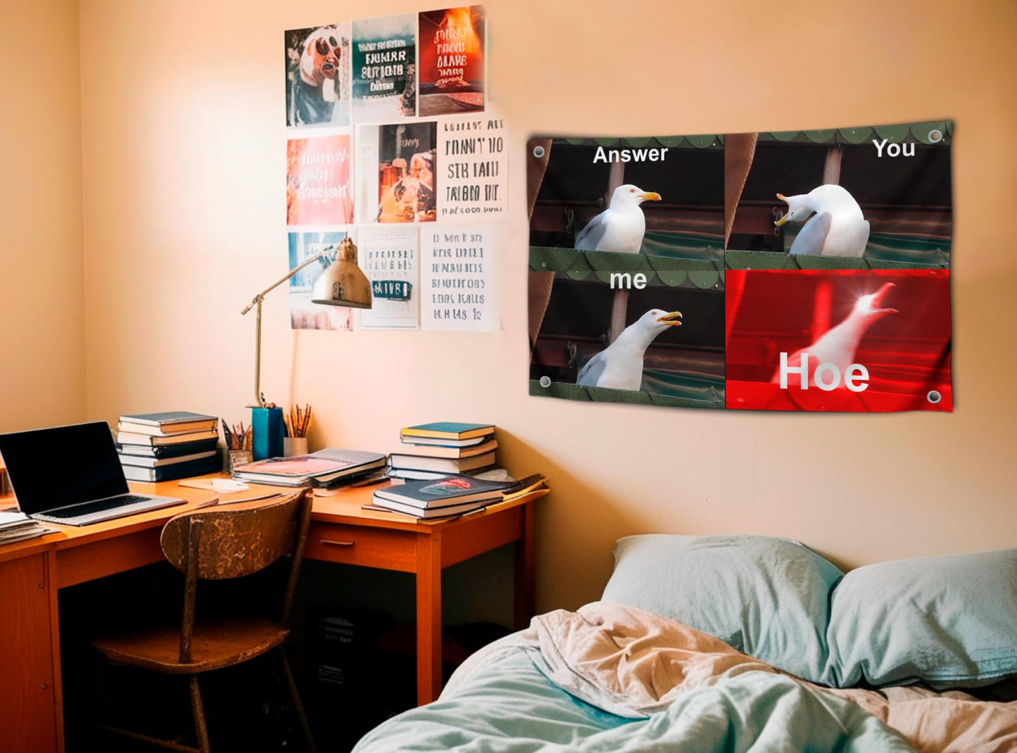3x5 Ft Answer Me You Hoe Tapestry Single Sided Flag with 4 Grommets - Seagull with a Malevolent Laugh Meme Polyester Banner - Tapestry Birds with Smile Meme Wall Decor - Seagull Tapestry For Classroom