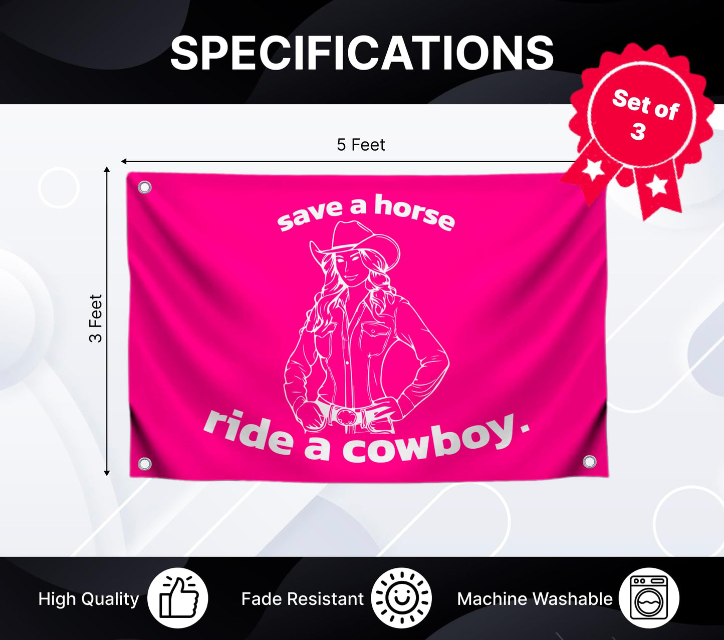 Set of 3 Funny Polyester 3x5 Feet Flags with Four Brass Grommets - Funny Quote Single Sided Flag for Wall Decoration - Preppy Cute Cowgirl Pink Western Tapestry - College Dorm Cool Wall Flags for Guys