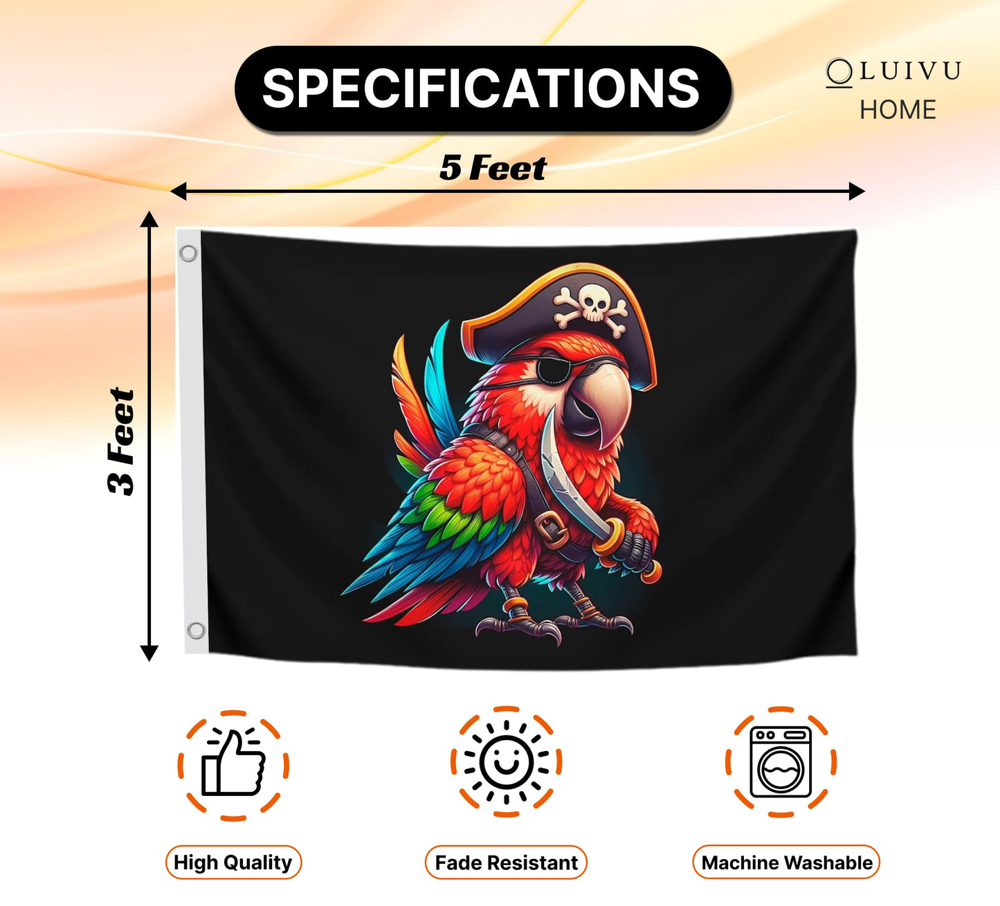 3x5 Ft Pirate Parrot Polyester Flag with 2 Grommets - Garden Yard Porch Patio Banner for Decor - Pirate Parrot Single Sided Flag or Black Boat Flags or Banners Man Cave Parrot - Outside Pirate Banner