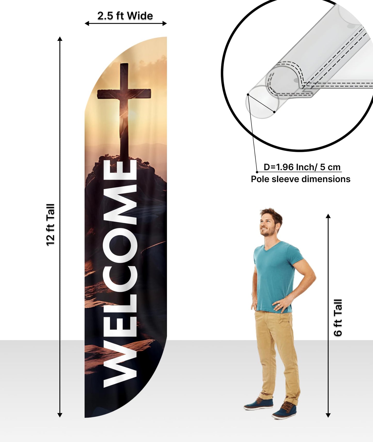 12x2.5 Feet Tall Feather Flags "Welcome" - Single Sided Feathers Banners Church Themed - Tall Advertising Flag for Outdoor Garden - Religious Feather Flags with Polyester - Flagpole is Not Included