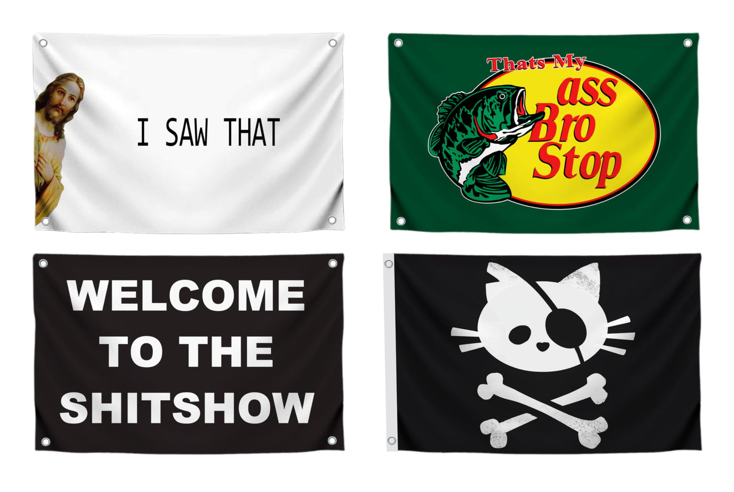 Set 4X Decorative Home Wall Polyester Flags 3x5 Ft with 4 and 2 Grommets - Christian Religious Cool Wall Single Sided Flag - Welcome To The Shitshow Banner - Pirate Cat Skull and Crossbone Home Flags