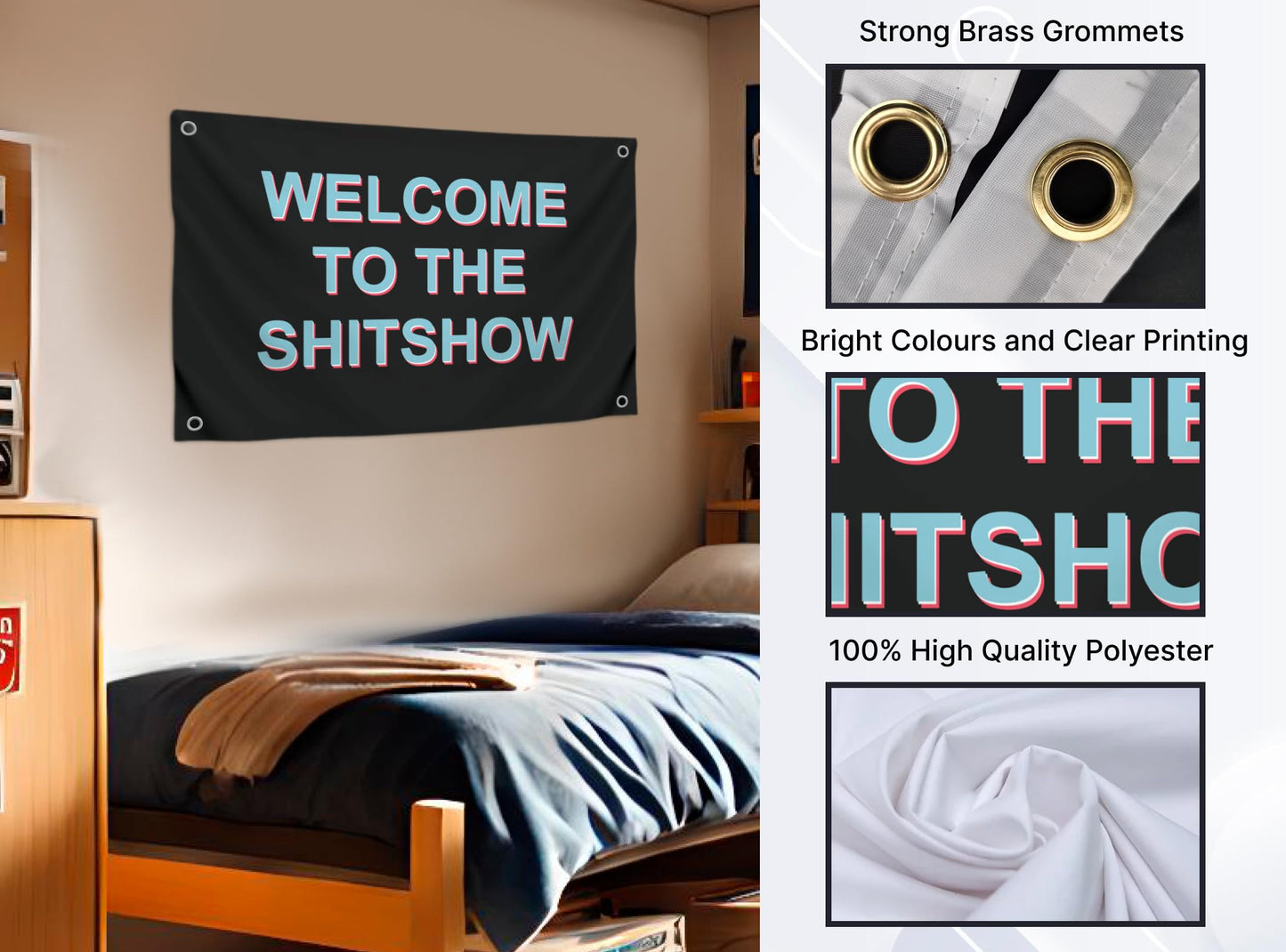 Man Cave Tapestries Funny Gamer Polyester Banner - Welcome To The Shitshow - Party Flags Single Sided College Dorm Rooms Decor - 3x5 Ft Flag with 4