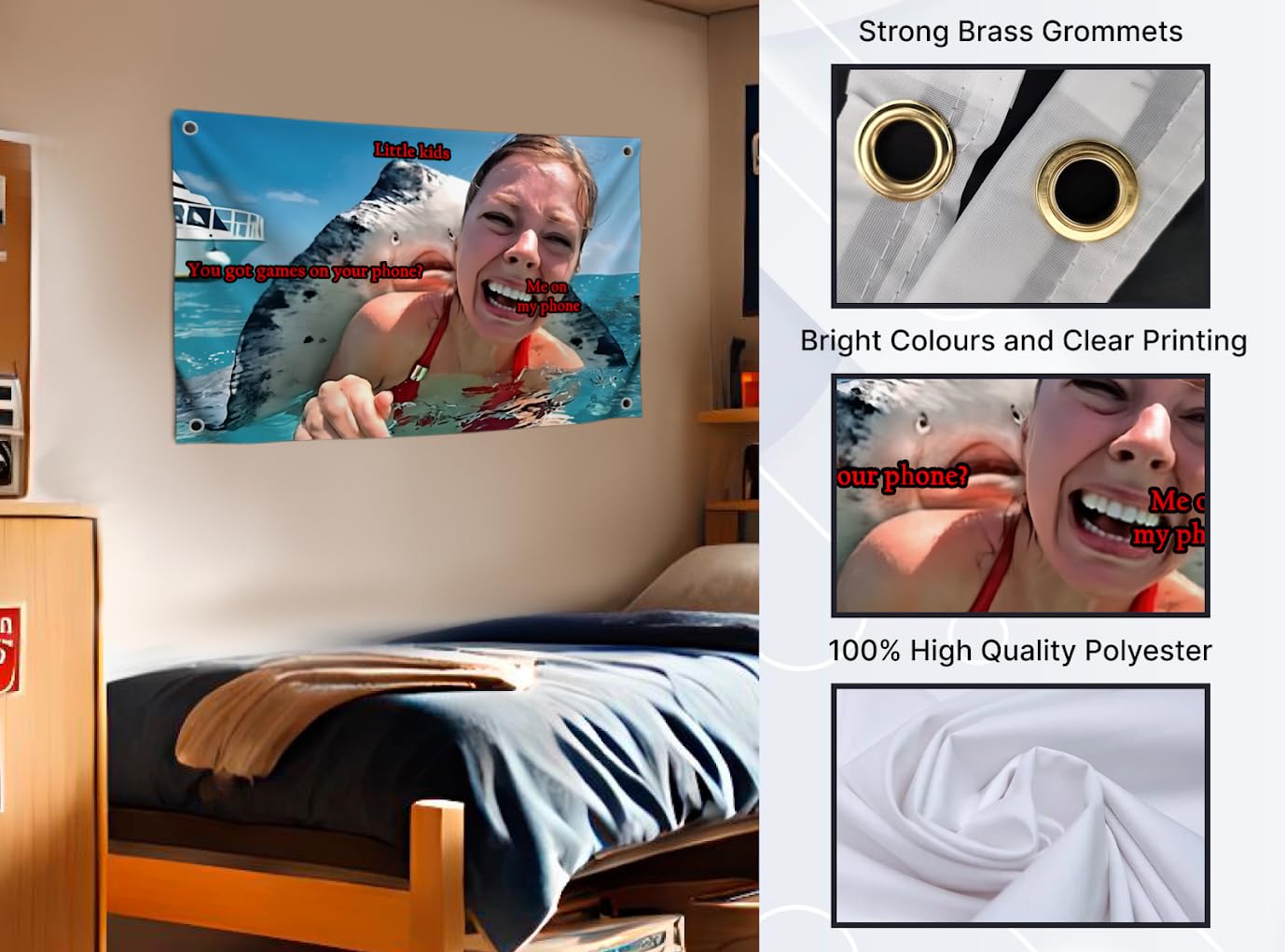 3x5 Feet Tapestry Quoted Flag "You Got Games On Your Phone?" with Four Brass Grommets - Sea Quote Banner for Wall Decoration - Polyester Tapestry Outdoor or Indoor Flag - Funny People and Animals