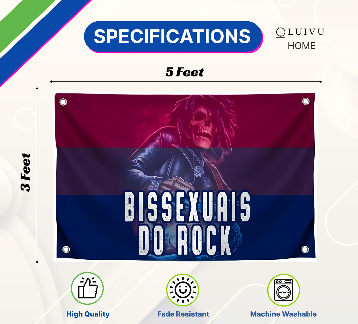 3x5 Feet Tapestry Flag Bissexuals Do Rock with Four Brass Grommets - Polyester Skeleton Musical Banners Can Be Used Indoor or Outdoor - Funny LGBT College Dorm Flags for Girls