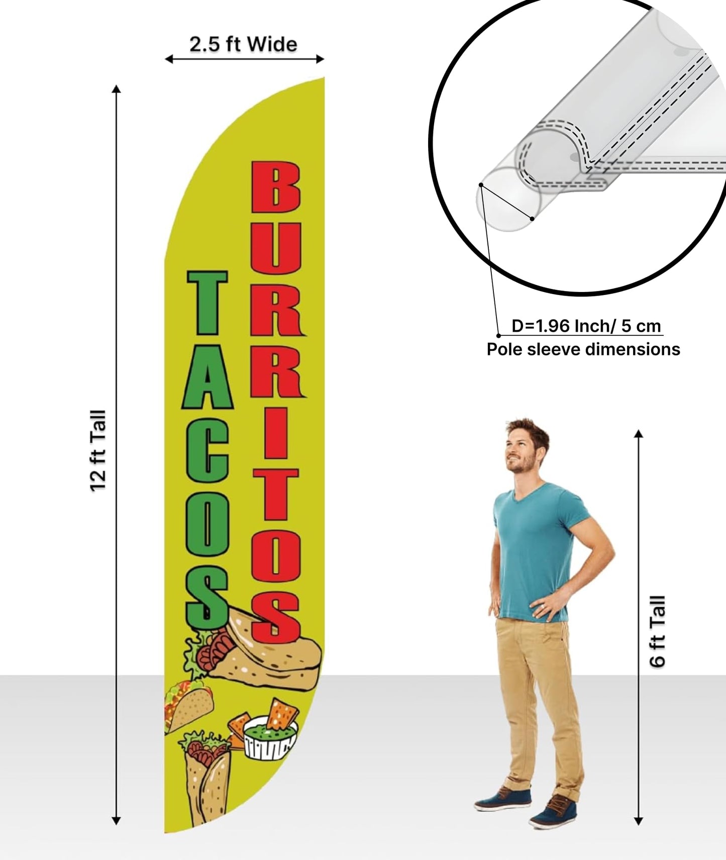 12x2.5 Feet Tall Feather Flags "Tacos and Burritos" - Outdoor Business Advertising Tall Flag - Single Sided Feathers Banners Food Themed - Feather Flags in Polyester - Flagpole is Not Included