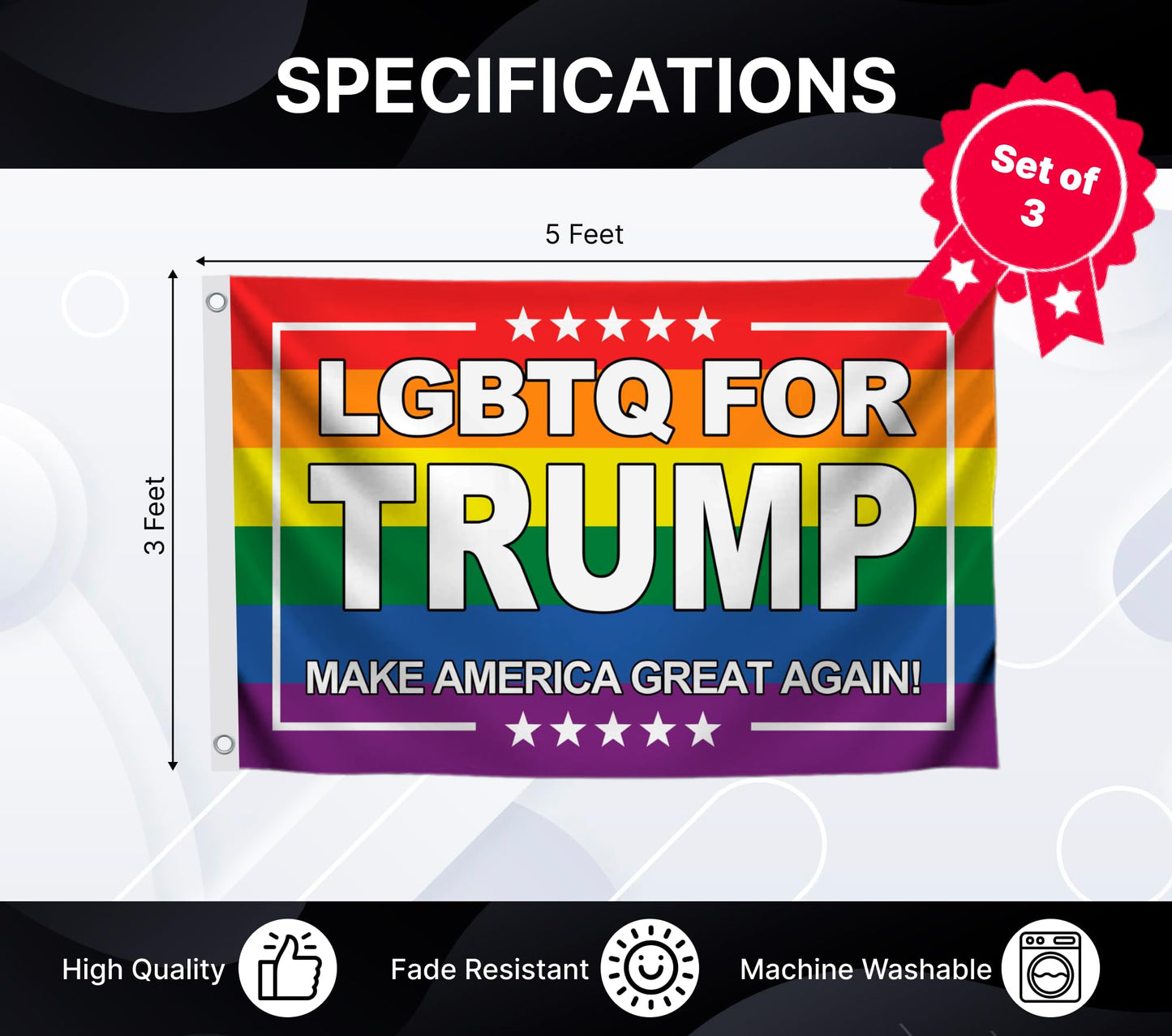Set of 3 Funny Quote 3x5 Feet Flags with 4 Brass Grommets - Republican Political Rebel Polyester Flags - Kim Jong Cool Flag for Decor Boys Room - LGBTQ Funny Single Sided Banner for Indoor and Outdoor