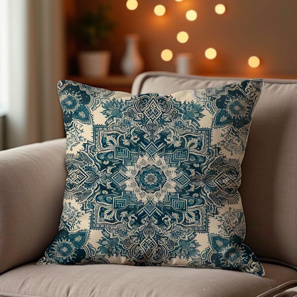 Set of 2 Decorative Throw Pillow Covers 20x20 Inches - Ethnic Design Decorative Throw Pillows in Linen - Blue Carpet Farmhouse Cushion Pillow Covers for Sofa or Couch - Decor Cushion Covers for Home