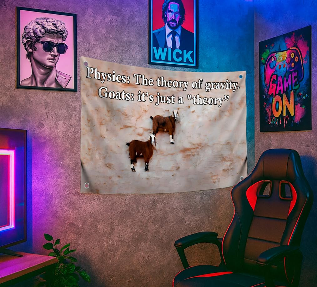 3x5 Feet Goat Meme Flag with Quote "Physics: The Theory Of Gravity - Goats: It's Just A Theory" with Four Brass Grommets - Single Sided Positive Banner for Wall Decoration - Tapestries Flags for Dorm