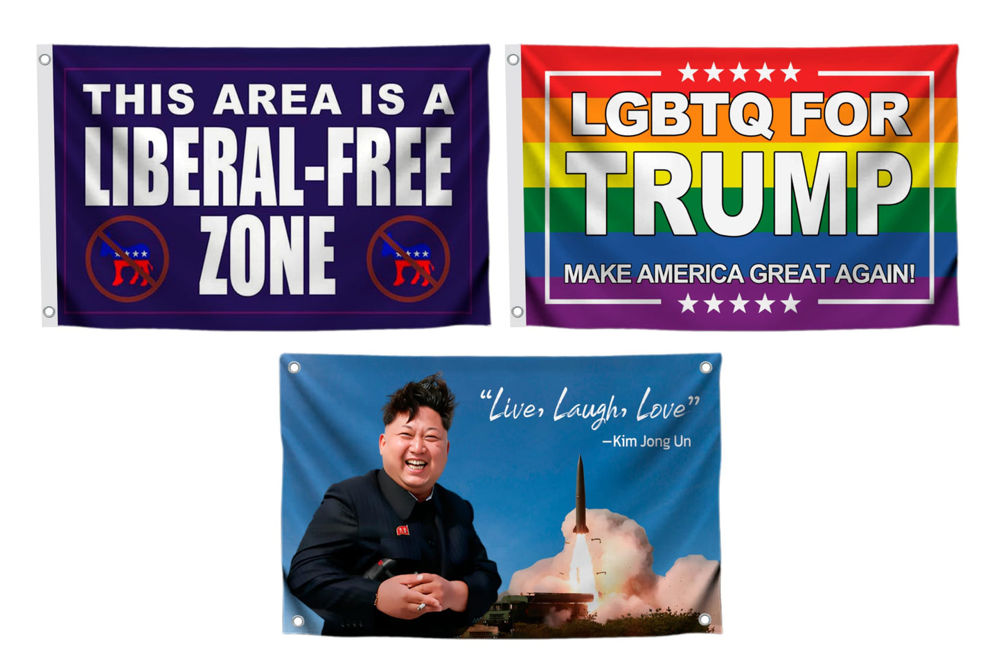 Set of 3 Funny Quote 3x5 Feet Flags with 4 Brass Grommets - Republican Political Rebel Polyester Flags - Kim Jong Cool Flag for Decor Boys Room - LGBTQ Funny Single Sided Banner for Indoor and Outdoor