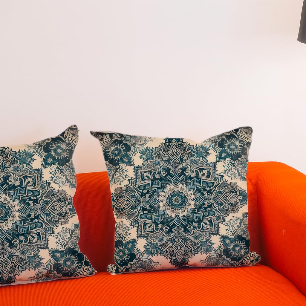 Set of 2 Decorative Throw Pillow Covers 20x20 Inches - Ethnic Design Decorative Throw Pillows in Linen - Blue Carpet Farmhouse Cushion Pillow Covers for Sofa or Couch - Decor Cushion Covers for Home