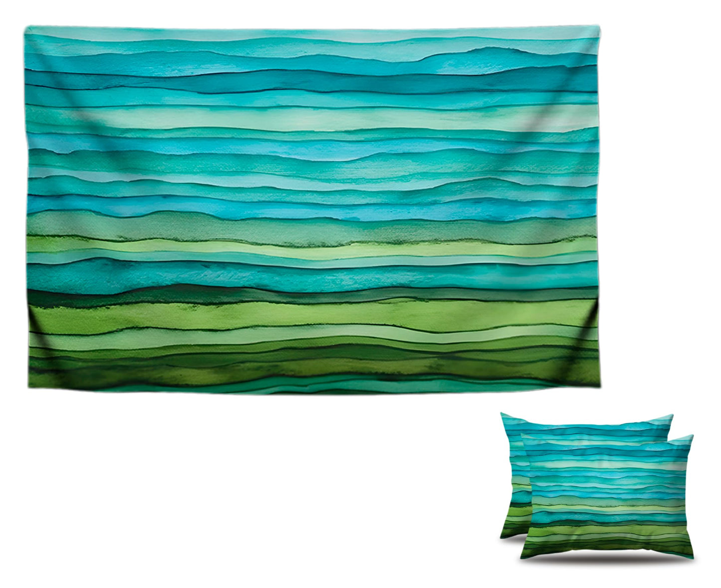 Set of 2 Decorative Throw Pillow Covers 12x20 Inches - Teal Blue Green Pillow Covers in Linen - Watercolor Aqua Waves Brush Lumbar Pillow Cases - Abstract Striped Sea Splash Throw Pillows