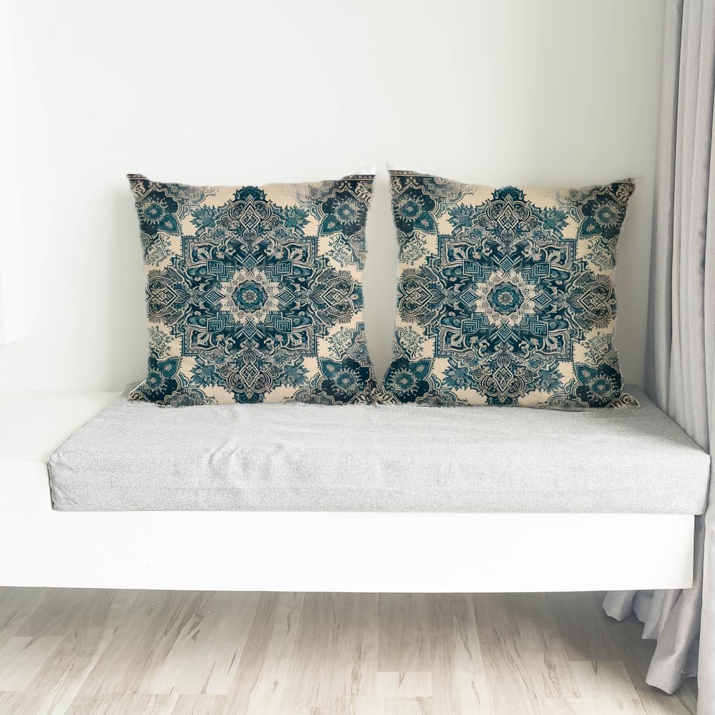 Set of 2 Decorative Throw Pillow Covers 20x20 Inches - Ethnic Design Decorative Throw Pillows in Linen - Blue Carpet Farmhouse Cushion Pillow Covers for Sofa or Couch - Decor Cushion Covers for Home