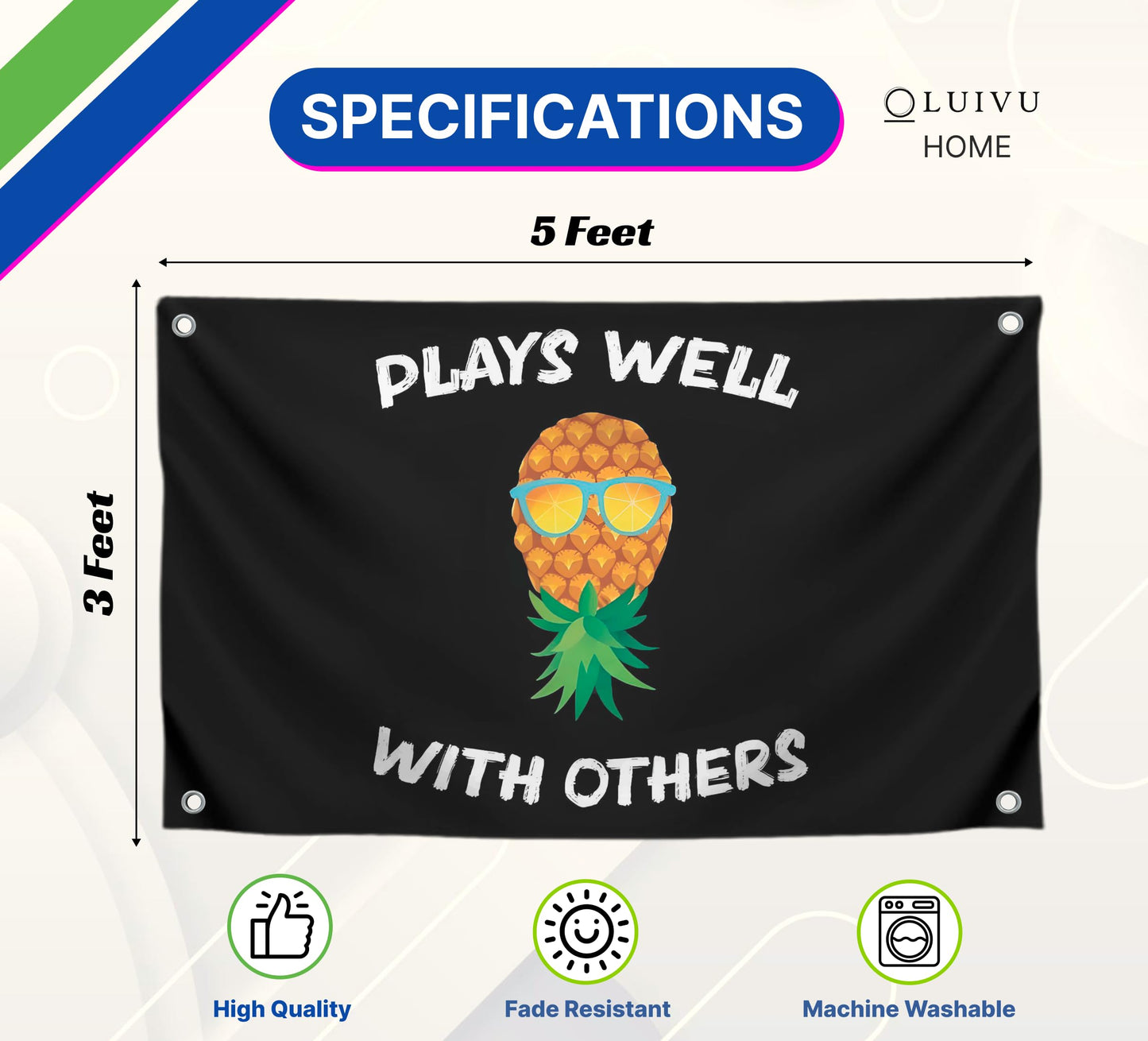 3x5 Pineapple Garden Polyester Flag with 4 Brass Grommets - Pineapple Street and Inspirational Wall Decor - Matches well with Other Pineapples Flags - Funny Indoor Banner for Guys and Girls