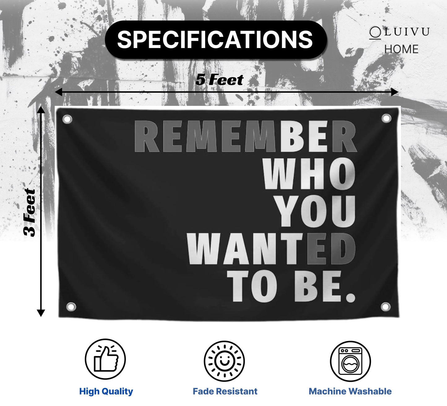 3x5 Feet Black Quoted Polyester Flag Remember Who You Wanted To Be with Four Brass Grommets - Be Who You Want To Be Quote Wall Banner - Black Posters for Man Cave - Motivational Wall Art for Bedroom