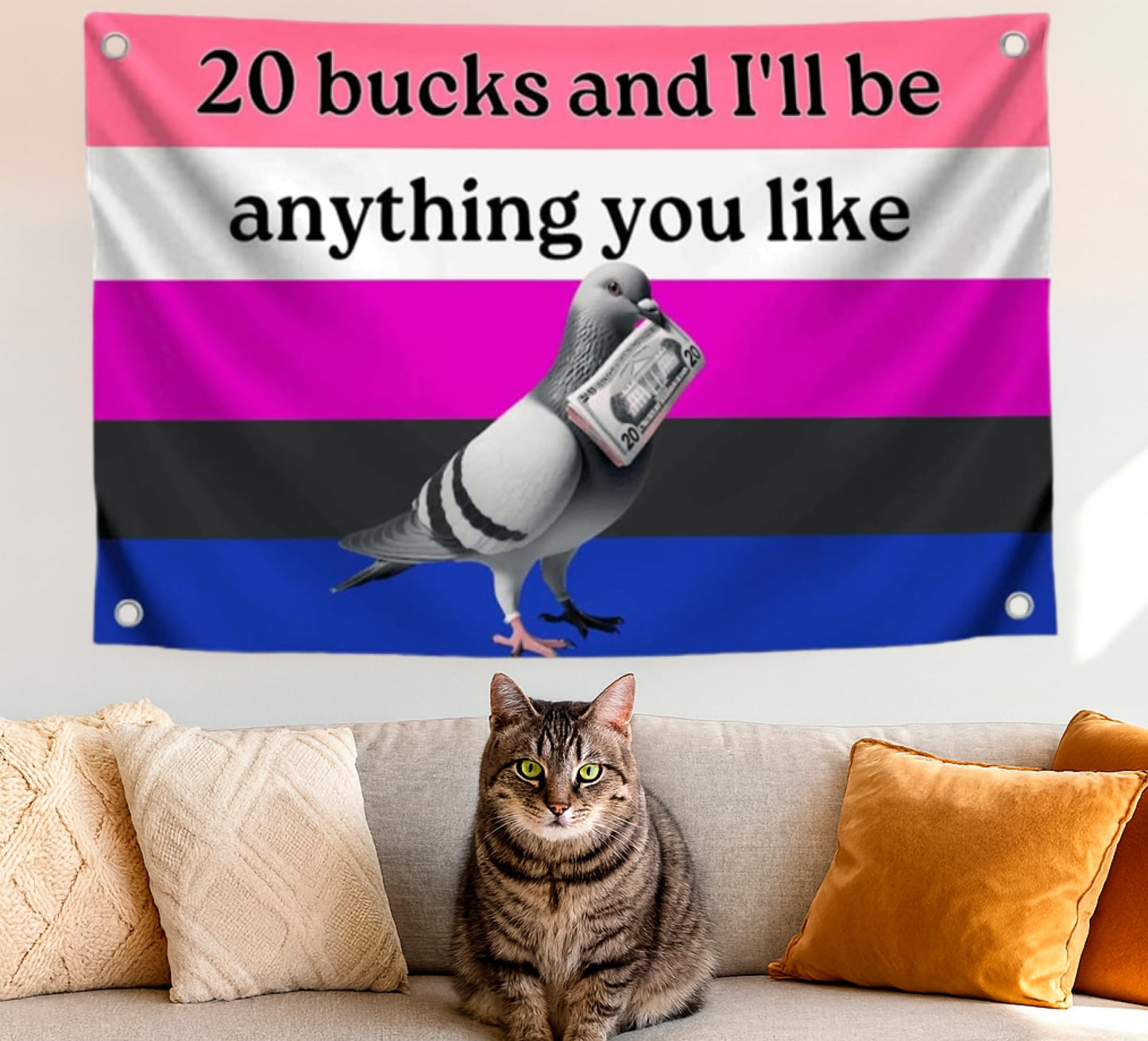 3x5 Feet Genderfluid Pigeon Pride Polyester Flag with Four Brass Grommets - Quote Multicolor Flag "20 Bucks and I'll Be Anything You Like" with Four Brass Grommets - American Money Banner for Home