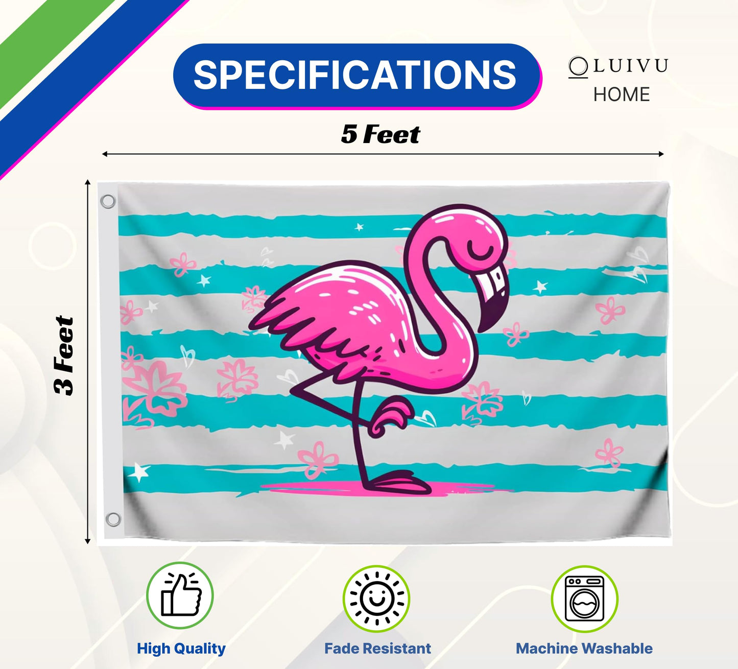 3x5 Feet Pink Flamingo Flag with 2 Brass Grommets - Double Sided Banner Tropical Bird Flower Stripe Flags - Big Flag Outdoor Indoor - Summer Holiday Yard Decoration - Polyester Yard Banner in Flamingo