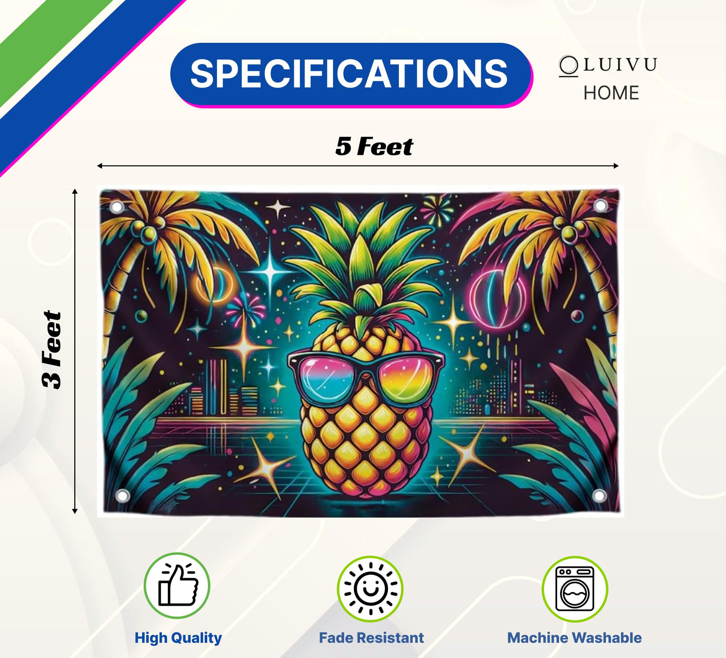 3x5 Feet Single Sided Flag with Four Brass Grommets - Neon Pineapple with Sunglasses - Tropical Night City Polyester Banner - Party Flag for Summer Vibes - Fun Poster for Beach Celebrations