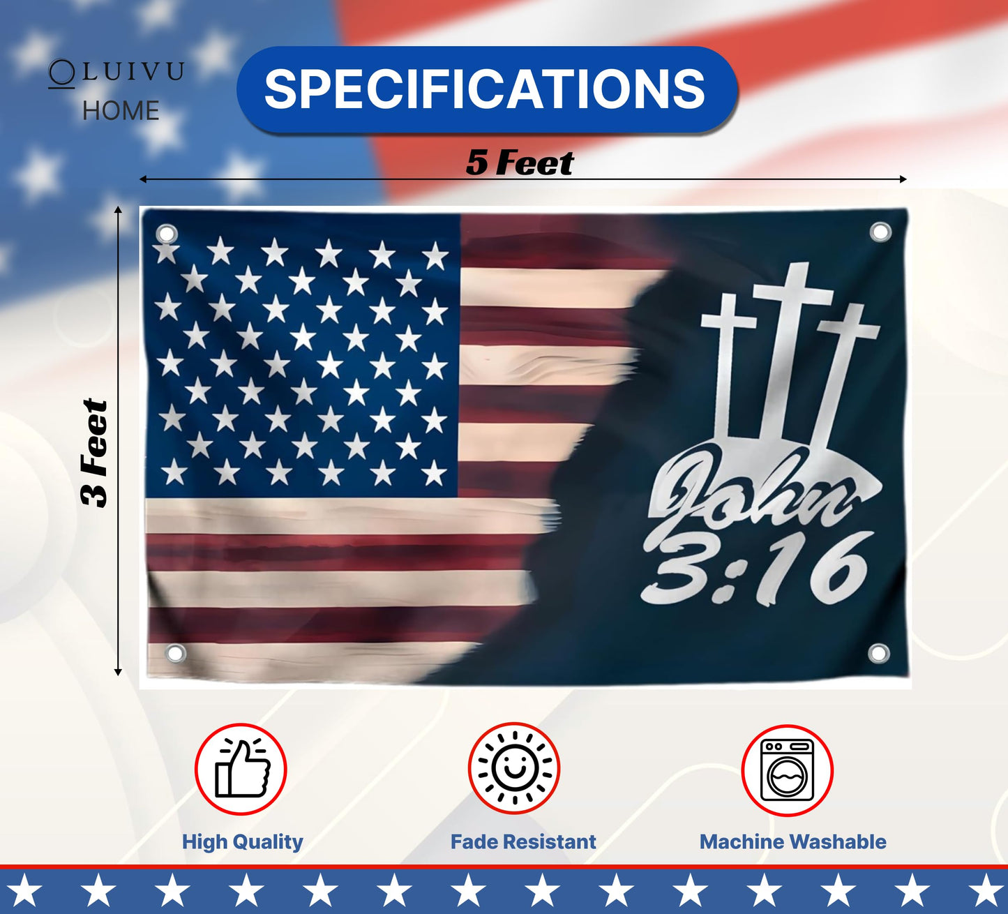 3x5 Ft Jesus American Flags Polyester John 3 16 with Two Brass Grommets - Faith Over Fear House Yard Decor Banner - Christian Jesus Easter Outdoor or Indoor Flag - Jesus Americane Flag for 4th of July
