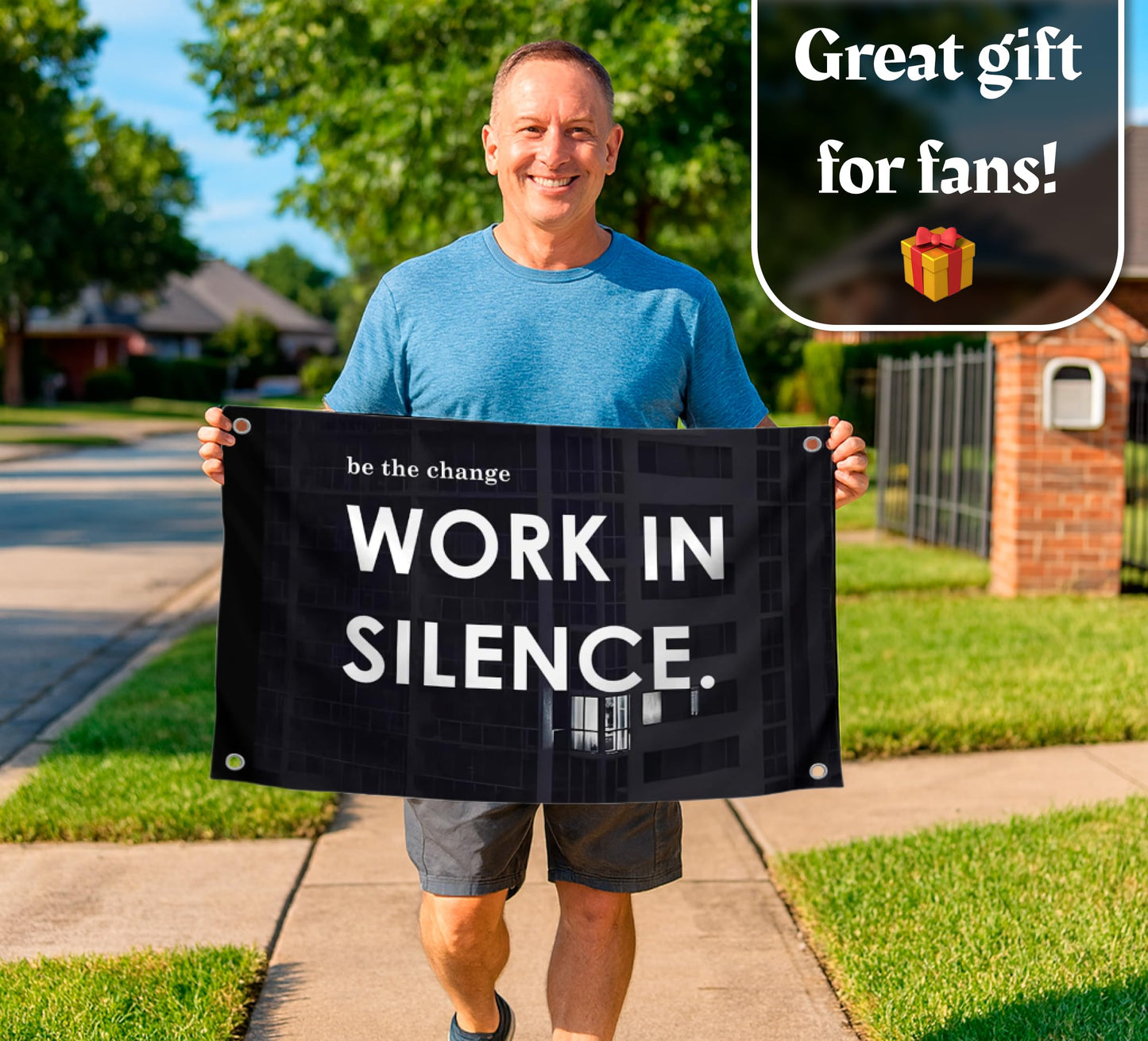 3x5 Feet Motivational Quoted Polyester Flag Be The Change Work In Silence with Four Brass Grommets - Black Posters for Man Wall Decor - Inspirational Entrepreneur Banner - Improvement Decor for Home