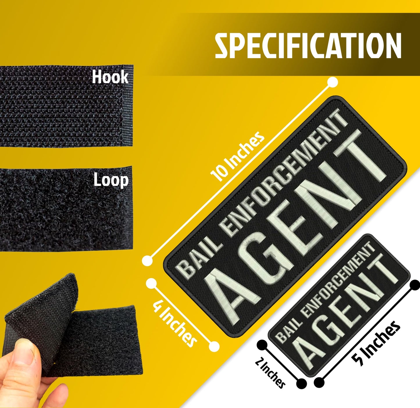Set of 2 Bail Patches for Enforcement Agent 4x10 and 2x5 Inches - Black and Silver Patch with Hook On Back - Quality Embroidery Patches for Jacket Hat Backpack - Tactical Accessory for Uniforms