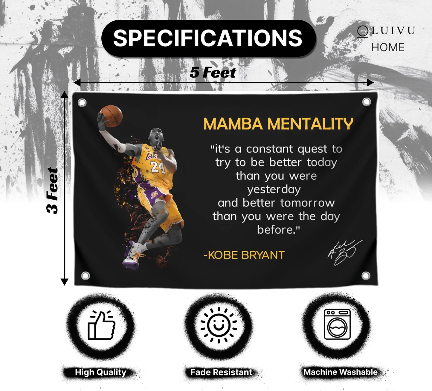3x5 Feet NBA Basketball Player Sports Flag with Four Brass Grommets - Kobe Mamba Mentality Quote Banner - Motivational Artwork for Home or Office