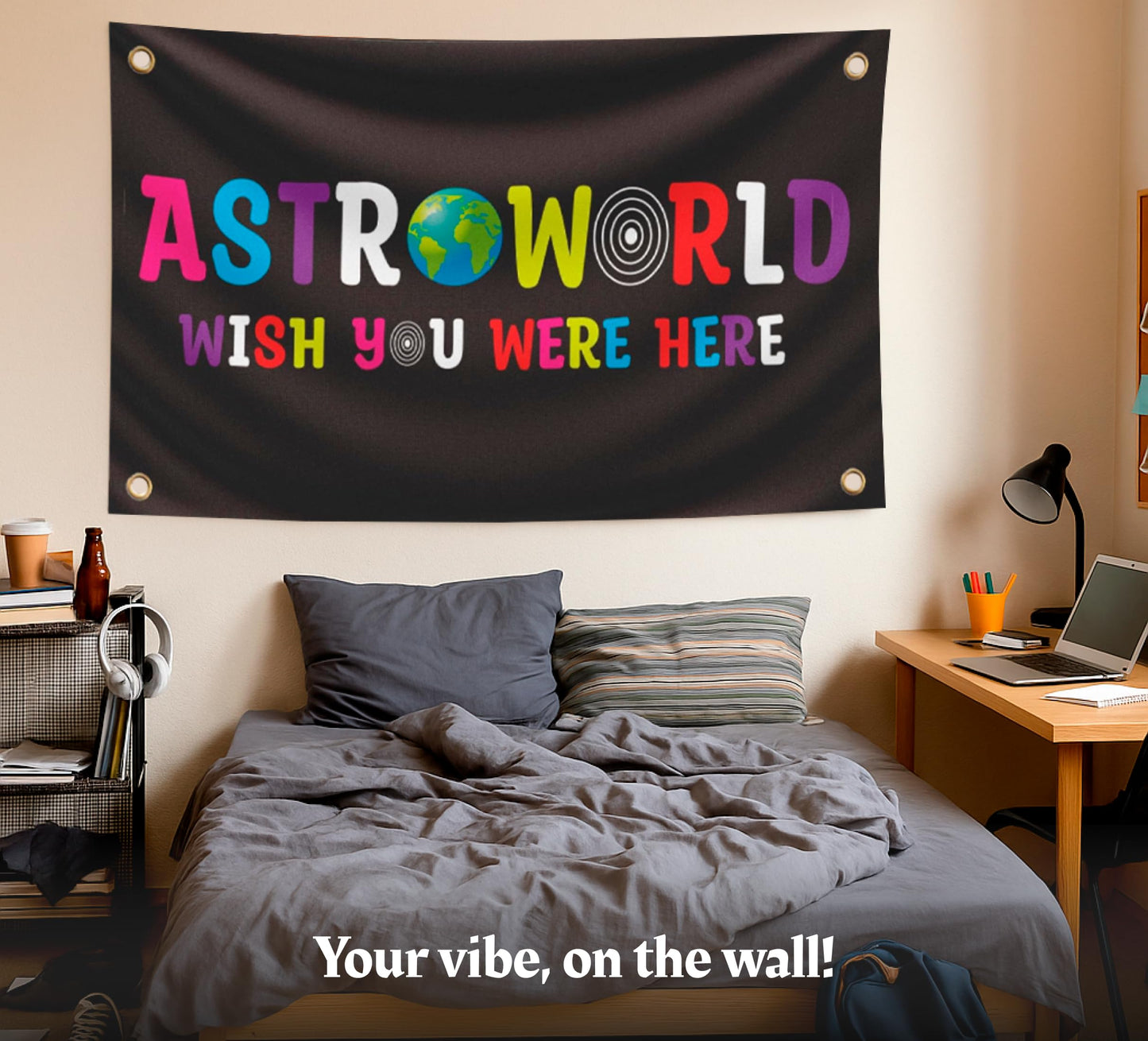 3x5 Ft Astroworld Polyester Flag Black - Man Cave Wall Single Sided Flag with 4 Grommets for College Dorm Room Decor - Wish You Were Here Tapestry - Wall Hanging Black Home Decorations for Bedroom