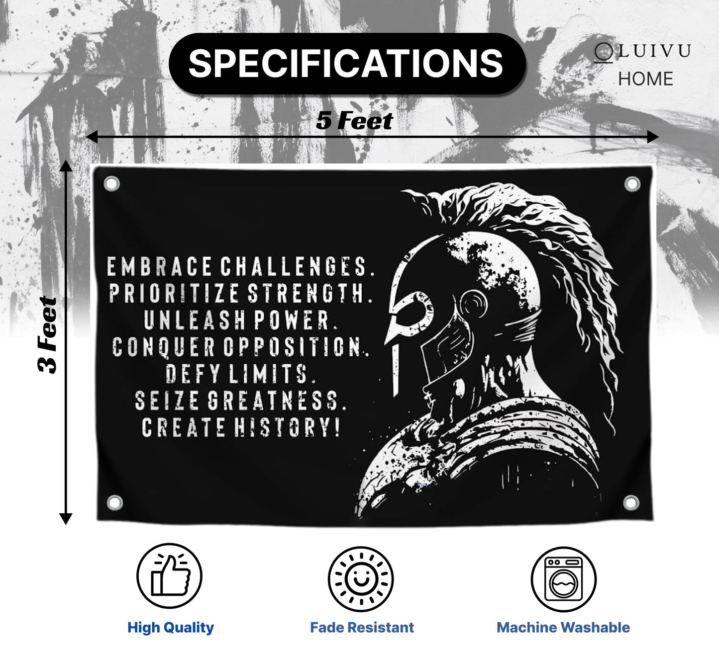 3x5 Ft Embrace Challenges Single Sided Banner with 4 Grommets - Large Motiv Quote Wall Polyester Flag for Home Gym Decor - Wall Flag with Gladiator Image and Quote - Banner Room Decor Aesthetic