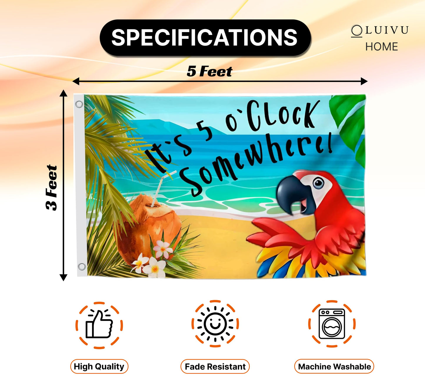 12x18 Inches It's 5 o'Clock Somewhere Polyester Flag - Double Sided Five O'clock Flags with Two Brass Grommets - Tropical Summer Beach Drinking