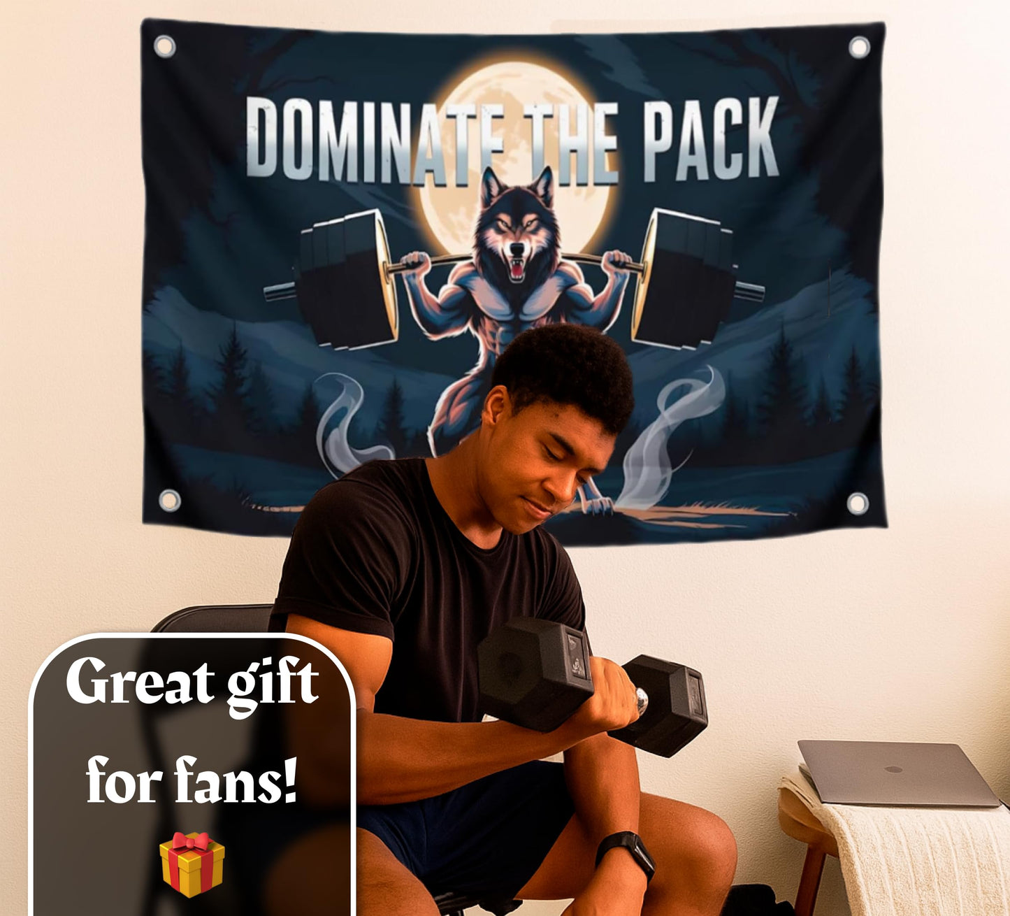 3x5 Feet Motivation Wolf Flag "Dominate The Pack" with Four Brass Grommets - Inspirational Banner with Cool Motivation - Motivational Gym Banner for Wall Decoration - Polyester Decor for Gym