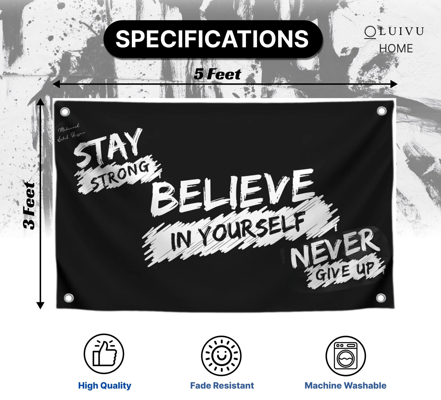 3x5 Feet Motivational Single Sided Flag "Stay Strong Believe In Yourself Never Give Up" with 4 Brass Grommets - Wall Polyester Banner for Bedroom Decoration - Gym Masculine Room Decor for Men