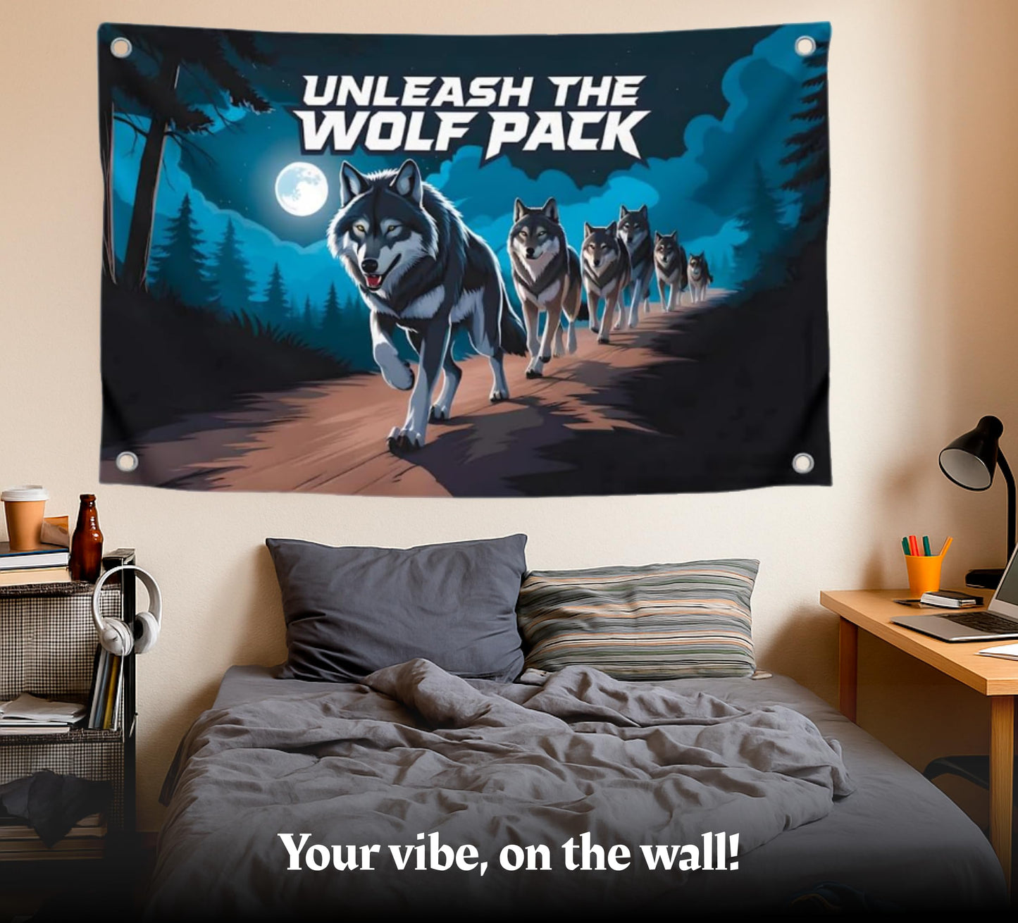 3x5 Feet Meme Wolf Pack Flag with Motivation Quote "Unleash the Wolf Pack" with Four Brass Grommets - Single Sided Great Flag for College or House - Polyester Cool Tapestry Flags for Room Guys