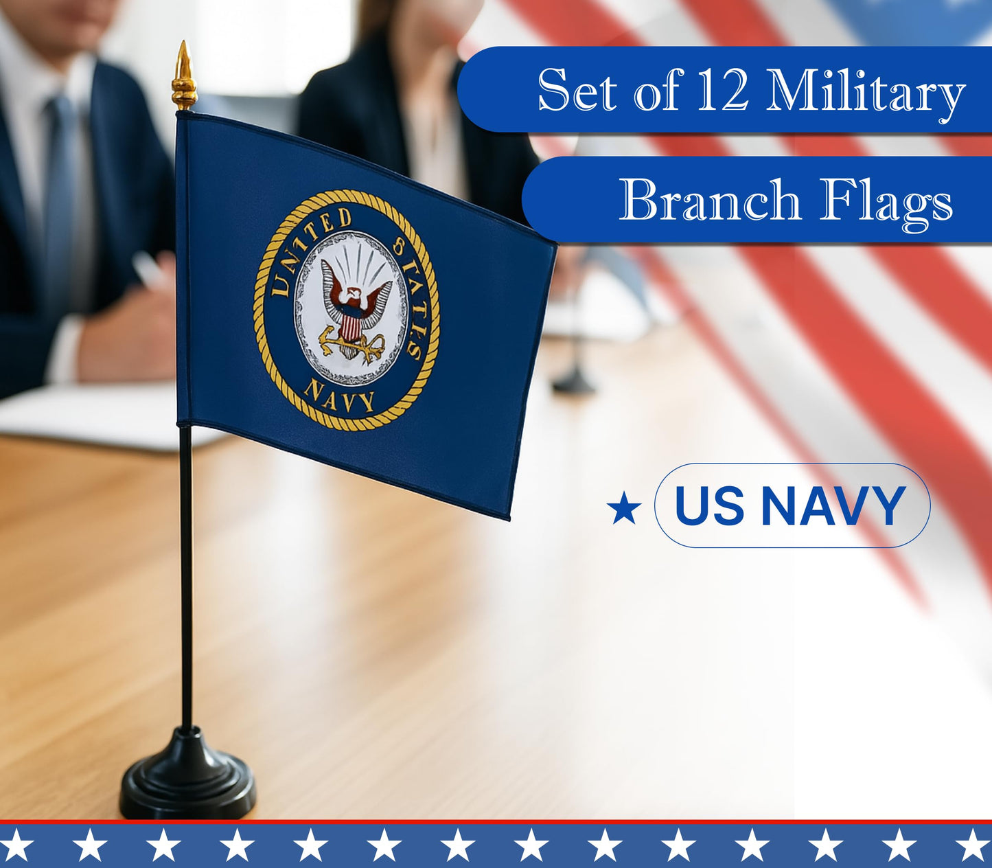 Set of 12 (Dozen) Miniature 4x6 Inch USA Themed Desk and Table Flags – Small USA Stick Flags with Plastic Staff and Gold Spear – Polyester Decorative Flags for Celebrations Events and Home Decor