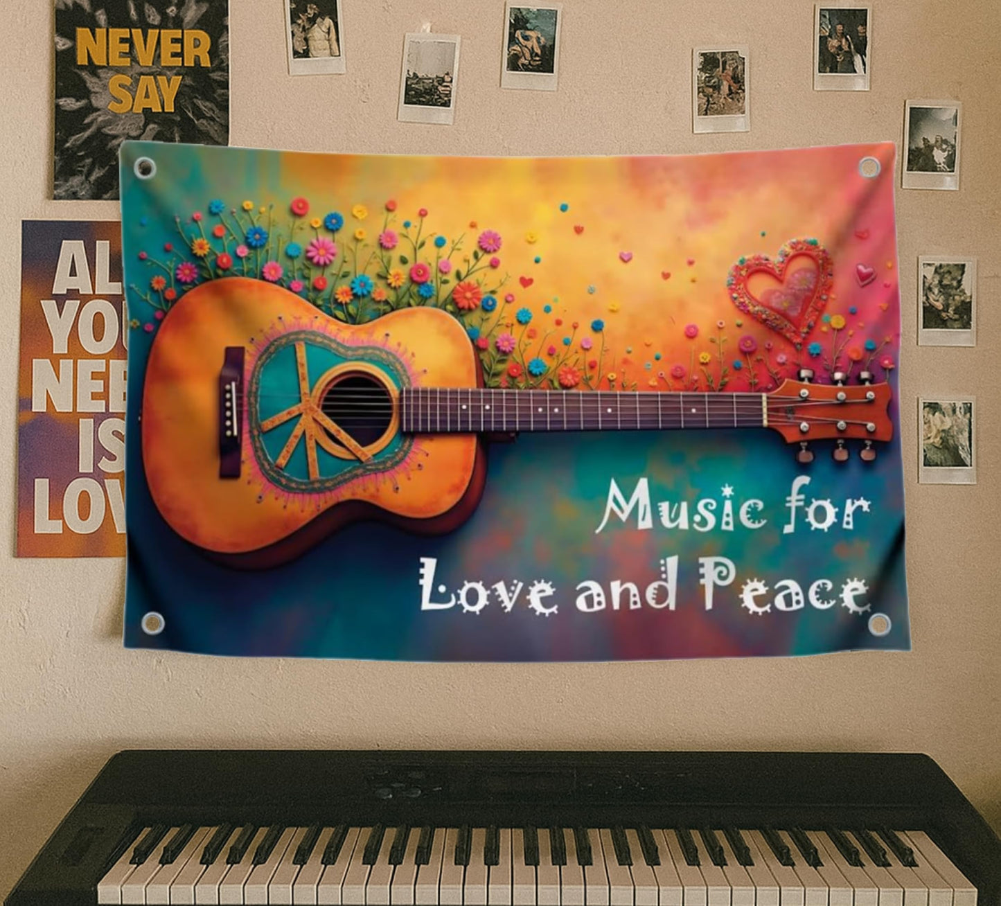 3x5 Ft Guitar Single Sided Flag "Music for Love and Peace" with 4 Brass Grommets - Musical Polyester Banner with Flower and Heart for Wall Decoration - Party Flags Man Cave Wall Flag for College Dorm